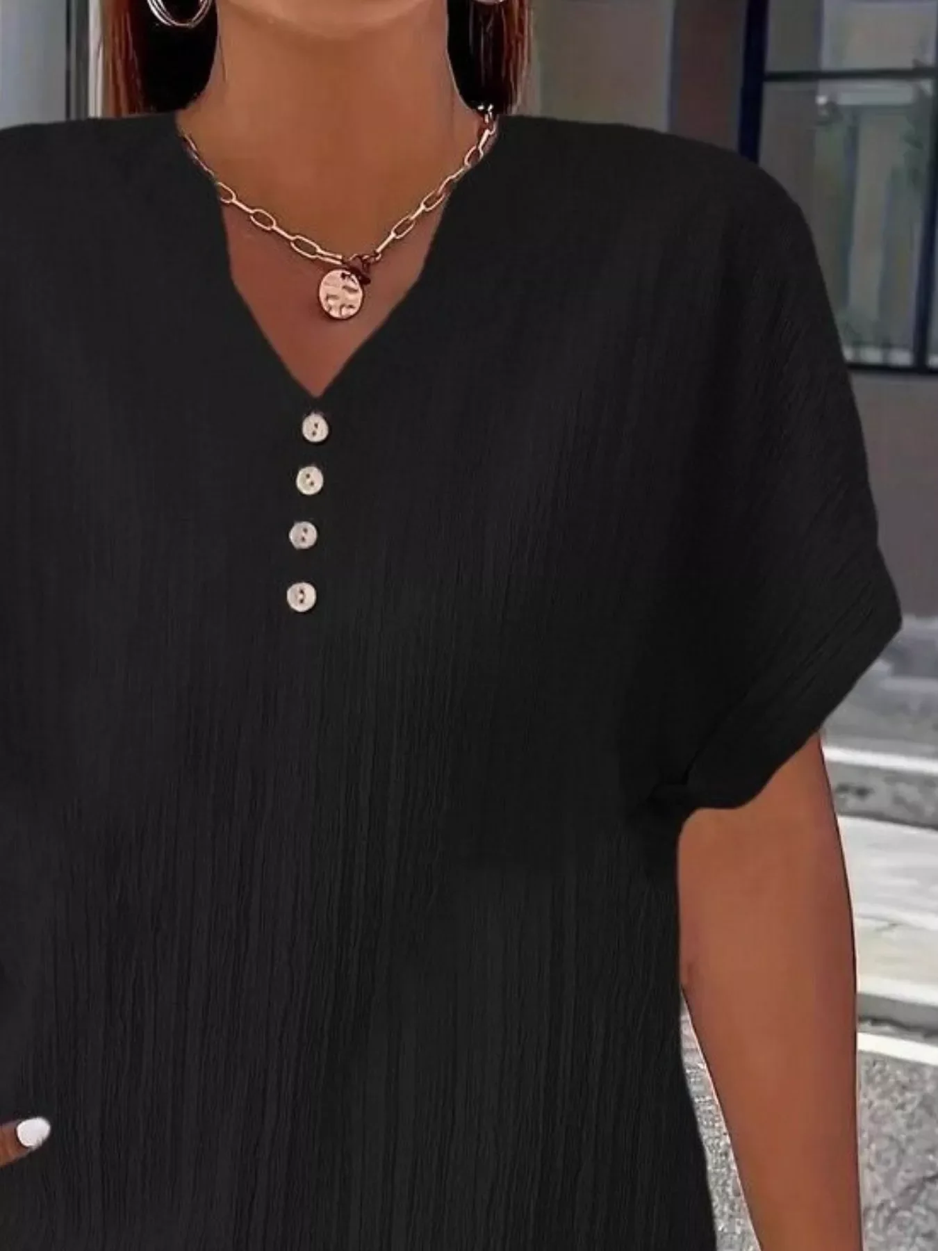 Plus Size Notched Short Sleeve Textured Top - Image 4