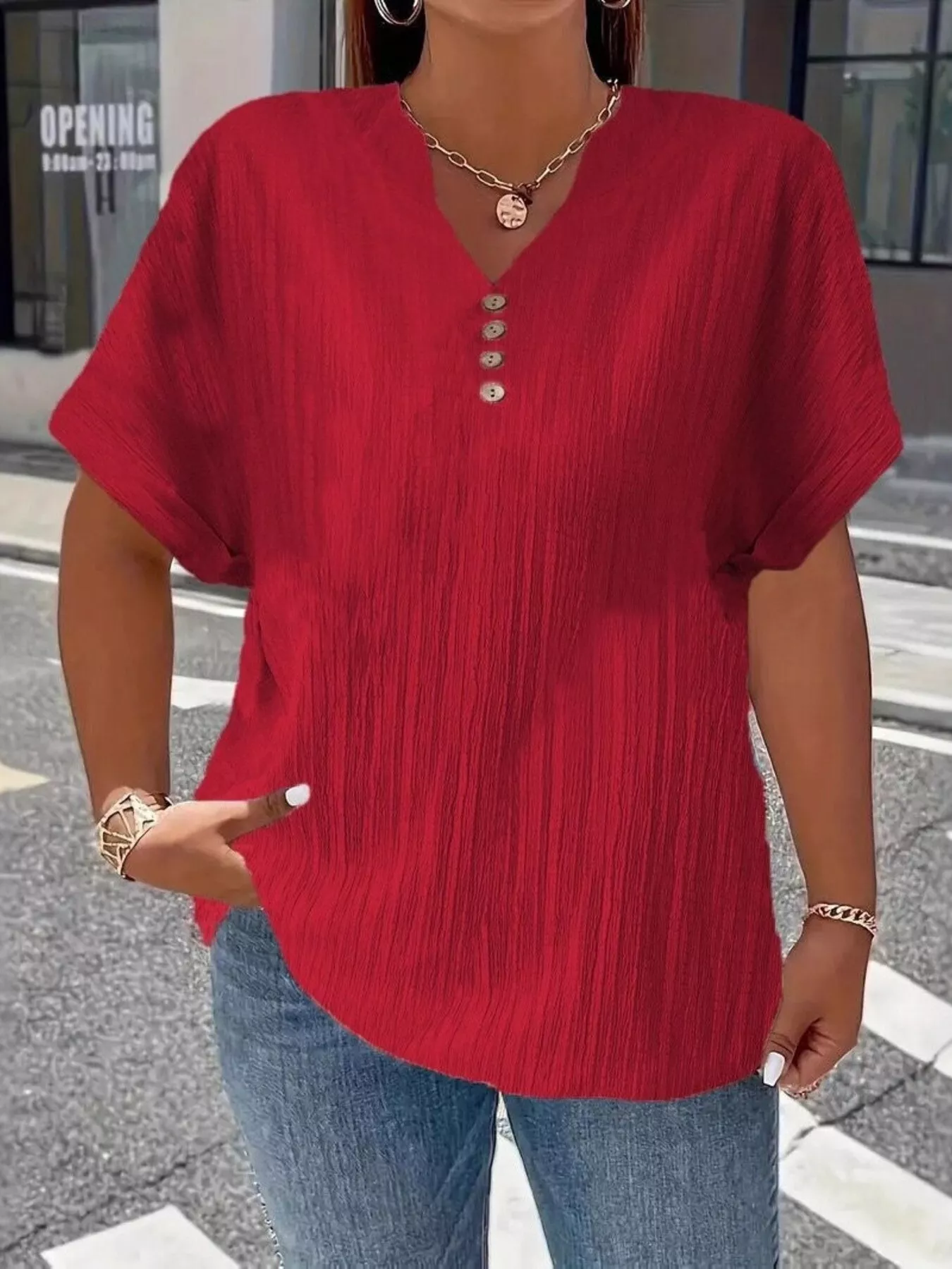 Plus Size Notched Short Sleeve Textured Top - Image 5