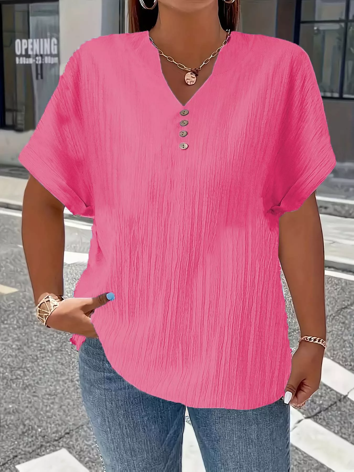 Plus Size Notched Short Sleeve Textured Top - Image 7