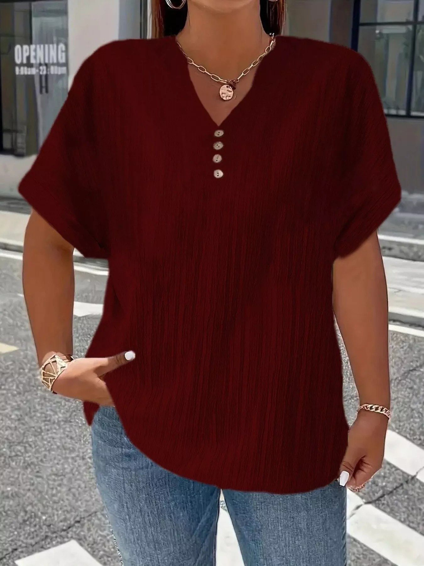 Plus Size Notched Short Sleeve Textured Top - Image 9