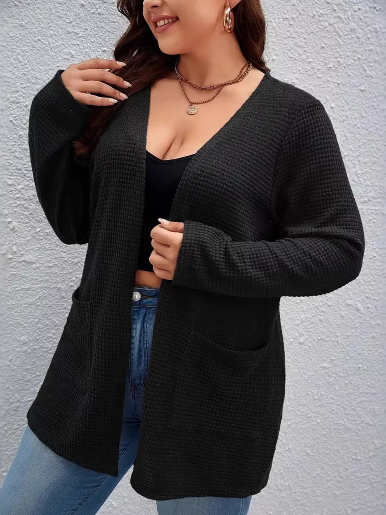 Plus Size Open Front Long Sleeve Knit Cardigan - Image 2