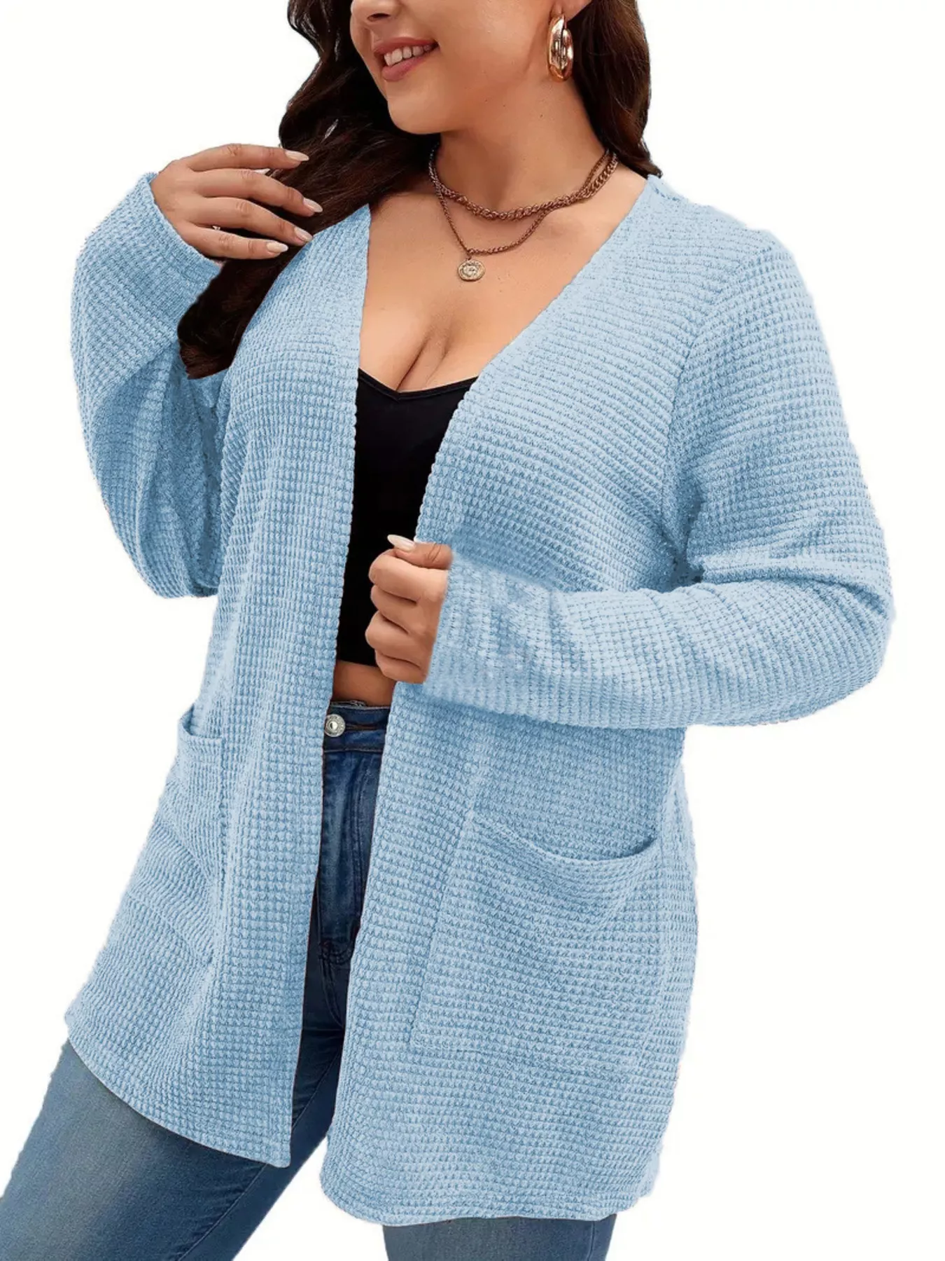 Plus Size Open Front Long Sleeve Knit Cardigan - Image 4