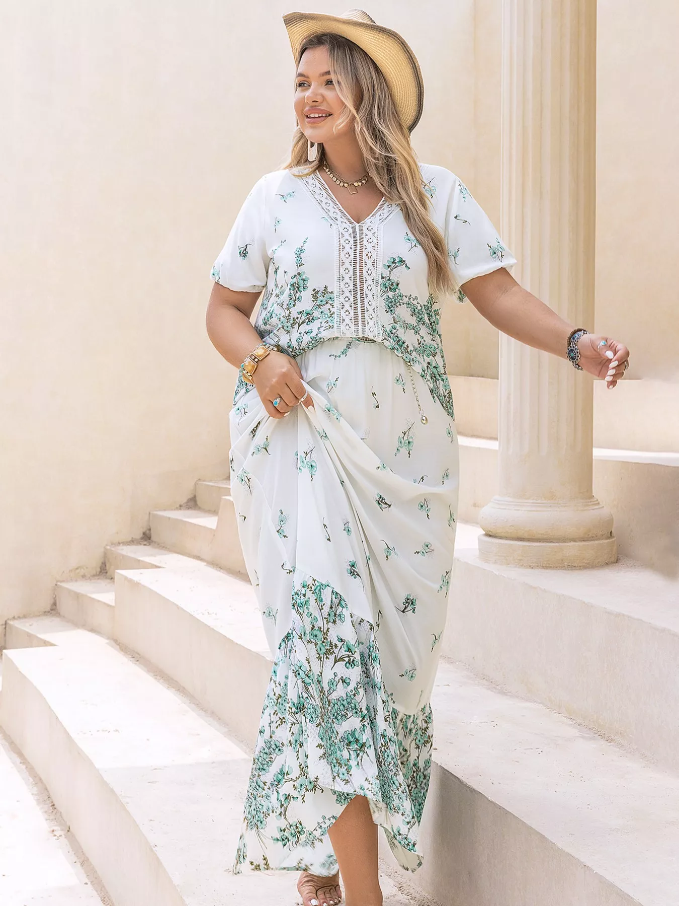 Plus Size Printed Lace Detail Short Sleeve Top and Skirt Set - Image 7