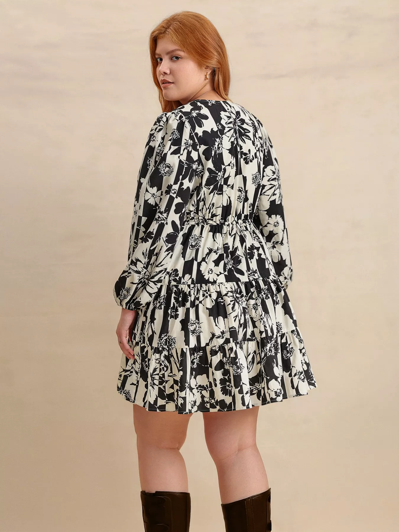 Plus Size Printed V-Neck Long Sleeve Mini Dress - Image 7