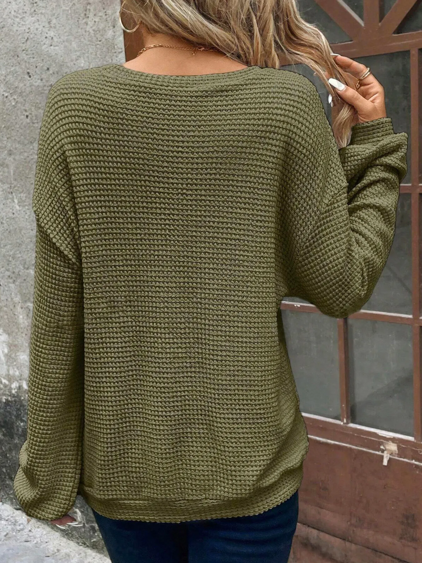 Plus Size Relaxed Fit Waffle Knit Round Neck T-Shirt - Image 12