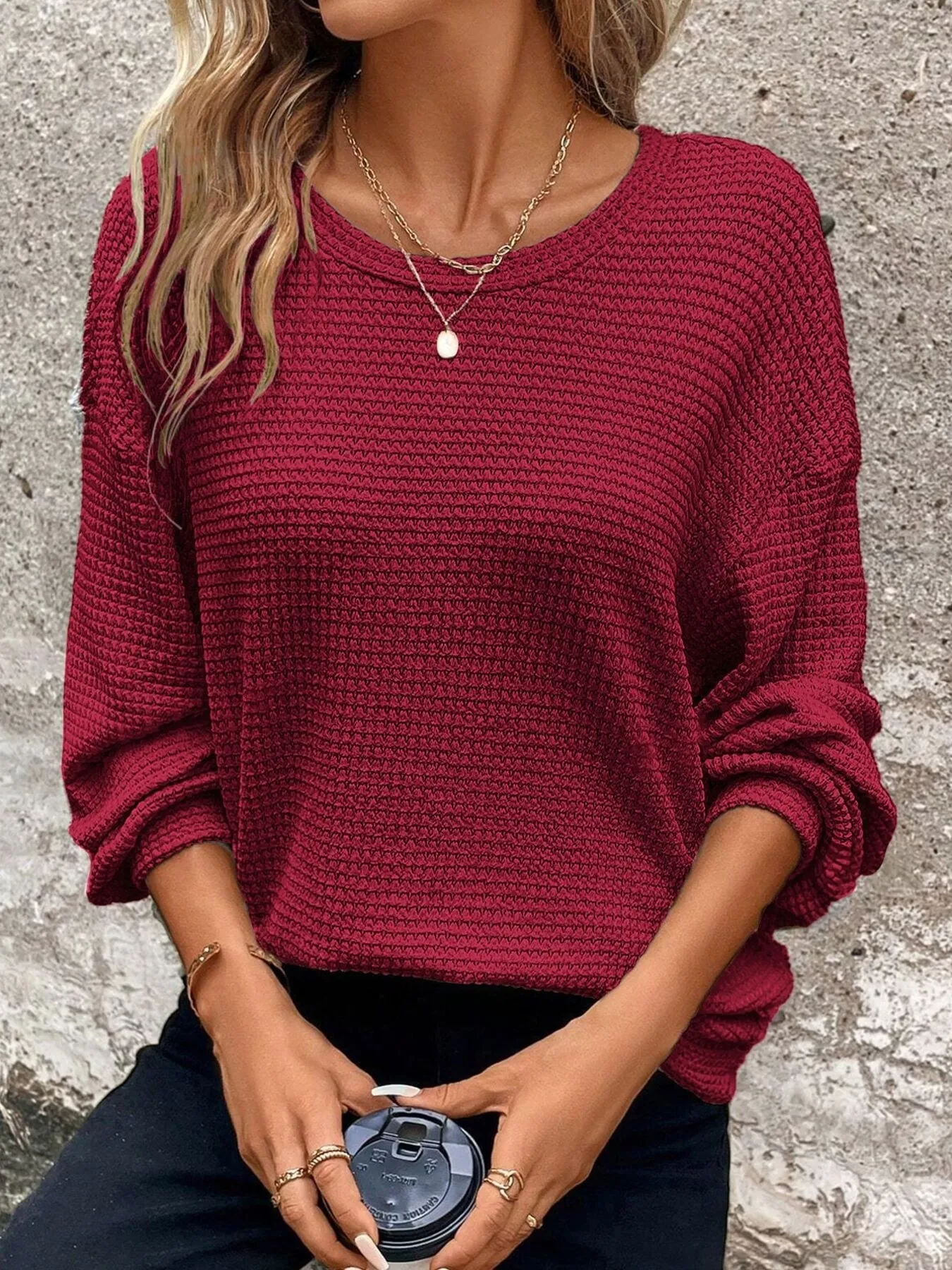 Plus Size Relaxed Fit Waffle Knit Round Neck T-Shirt - Image 13