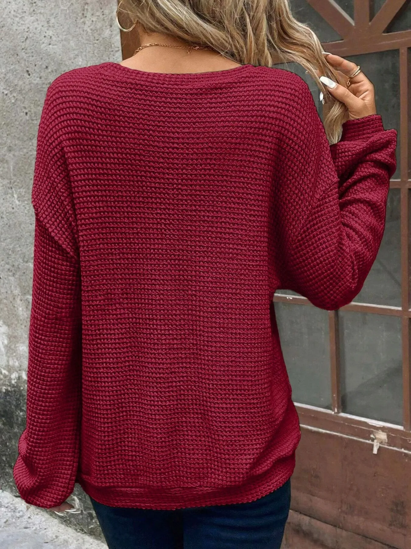 Plus Size Relaxed Fit Waffle Knit Round Neck T-Shirt - Image 15