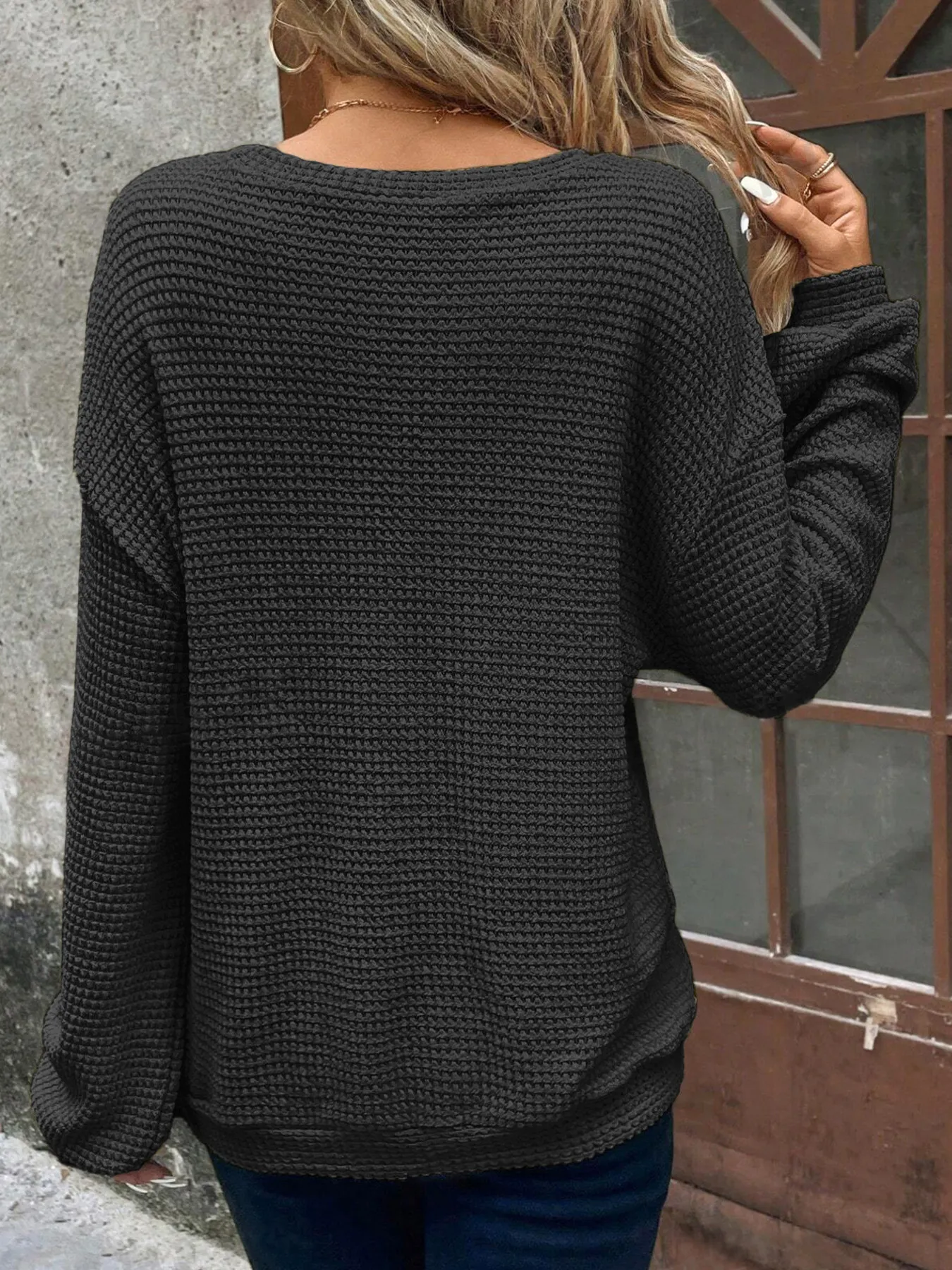 Plus Size Relaxed Fit Waffle Knit Round Neck T-Shirt - Image 6