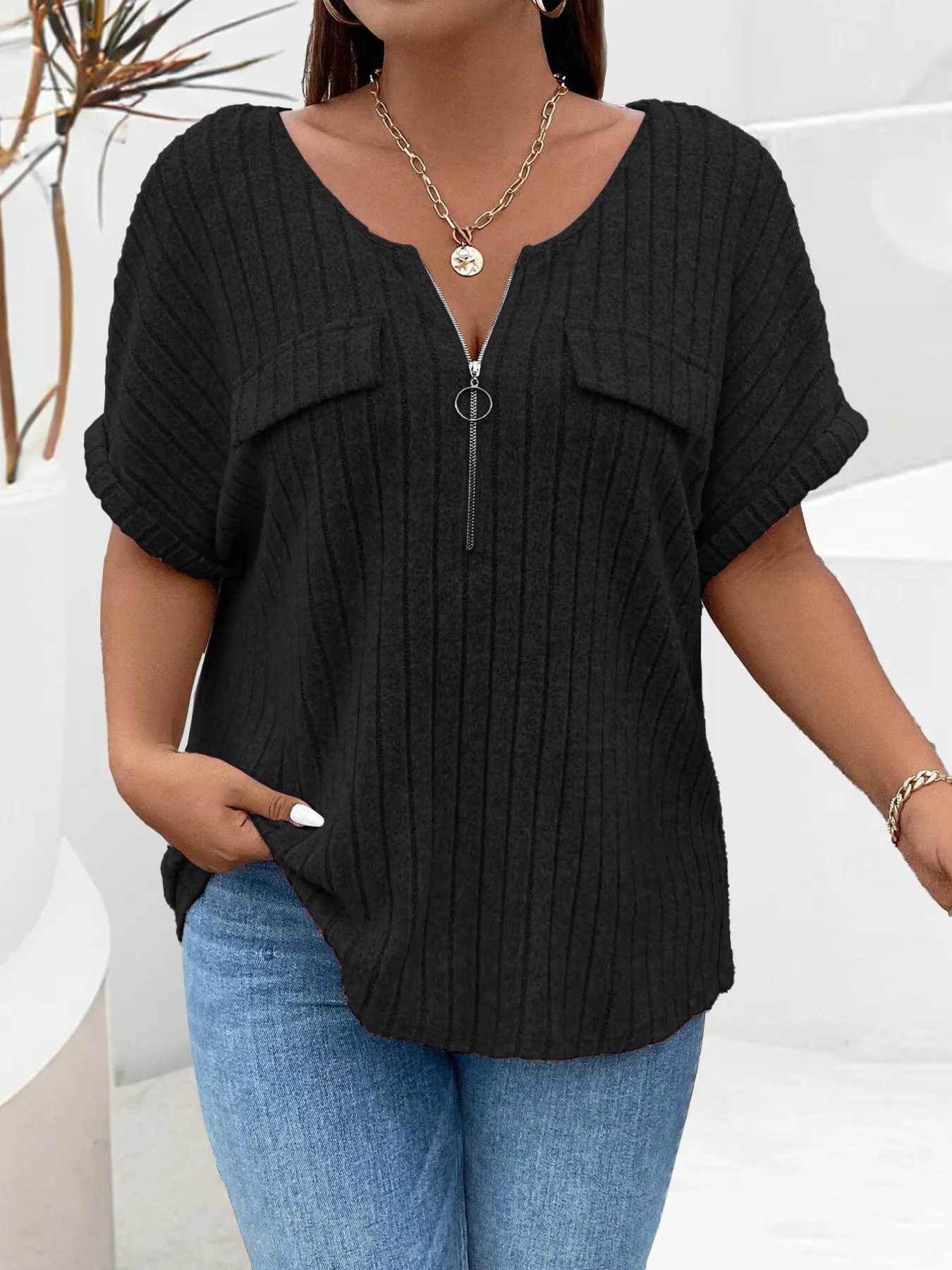 Plus Size Ribbed Half Zip Relaxed Fit T-Shirt - Image 14