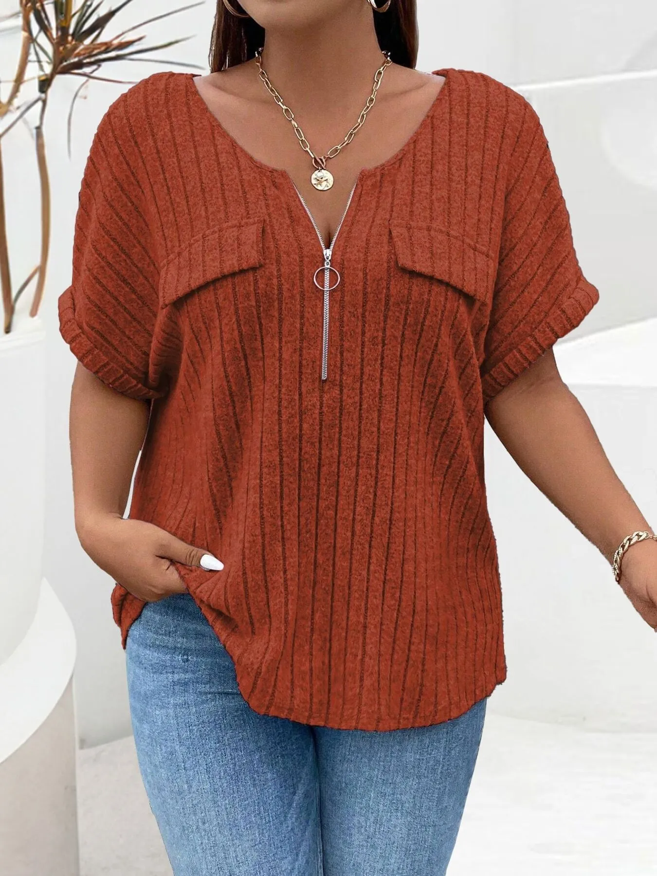 Plus Size Ribbed Half Zip Relaxed Fit T-Shirt - Image 17