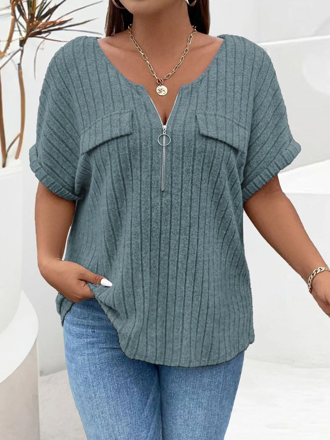 Plus Size Ribbed Half Zip Relaxed Fit T-Shirt - Image 20
