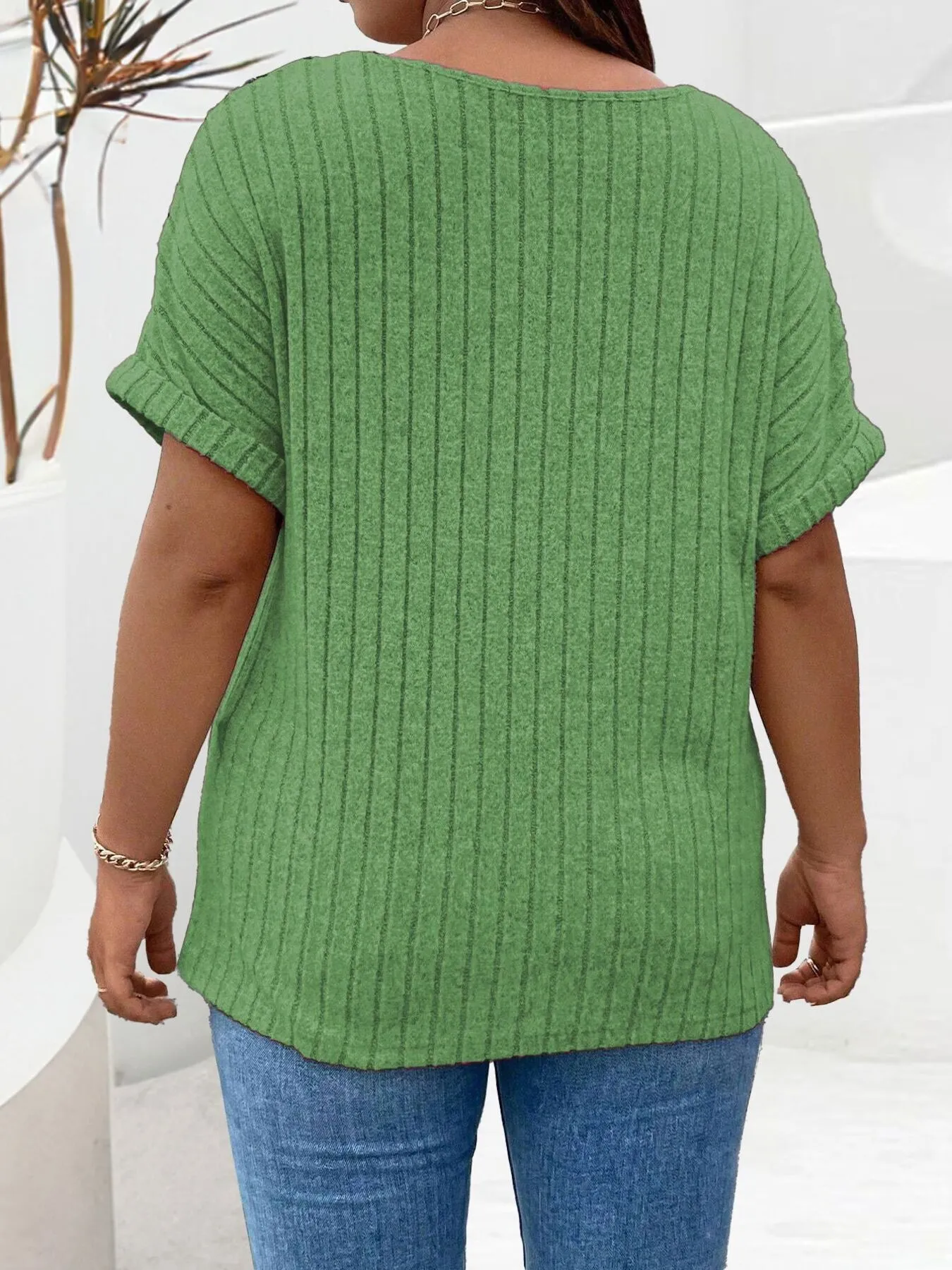 Plus Size Ribbed Half Zip Relaxed Fit T-Shirt - Image 23