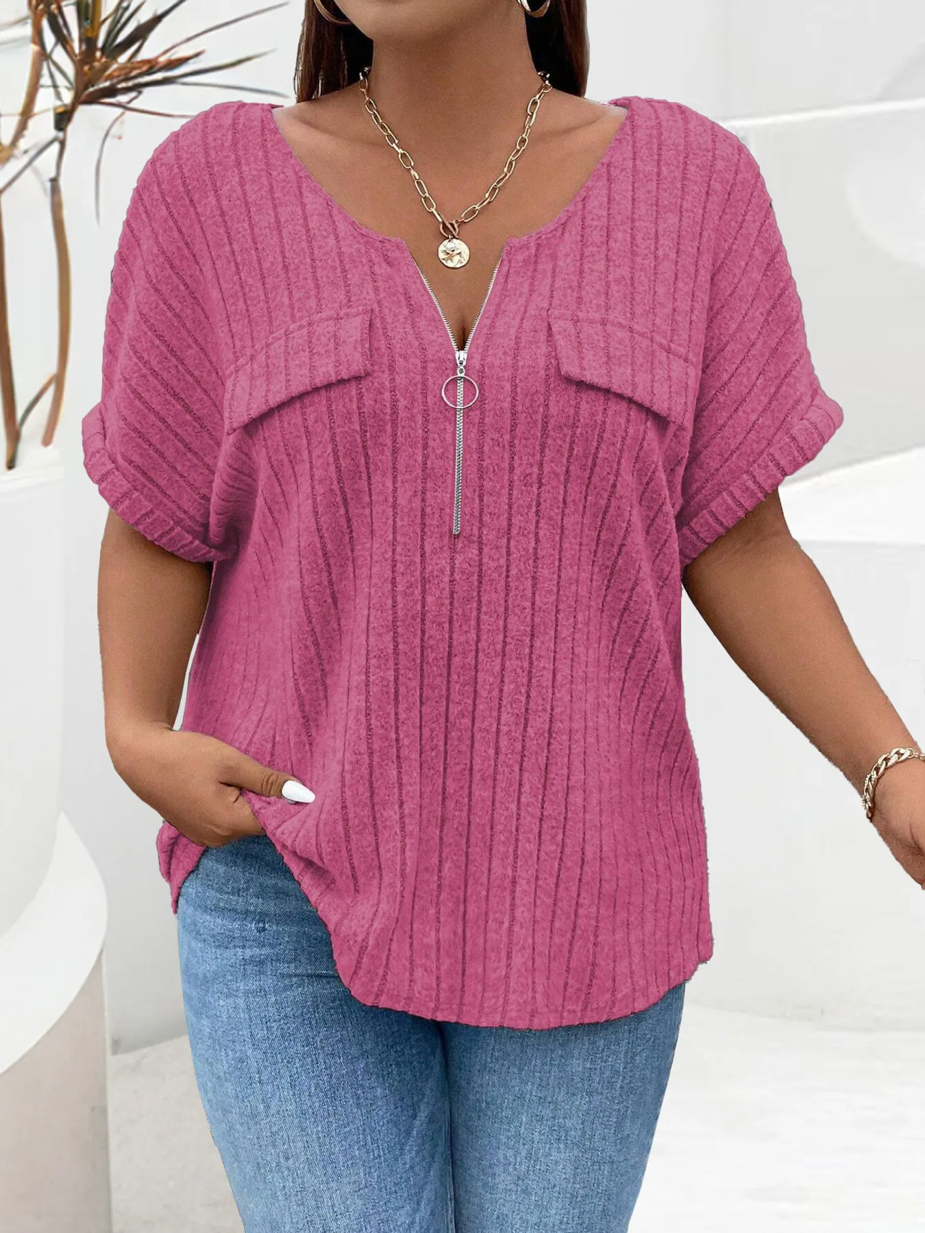 Plus Size Ribbed Half Zip Relaxed Fit T-Shirt - Image 25