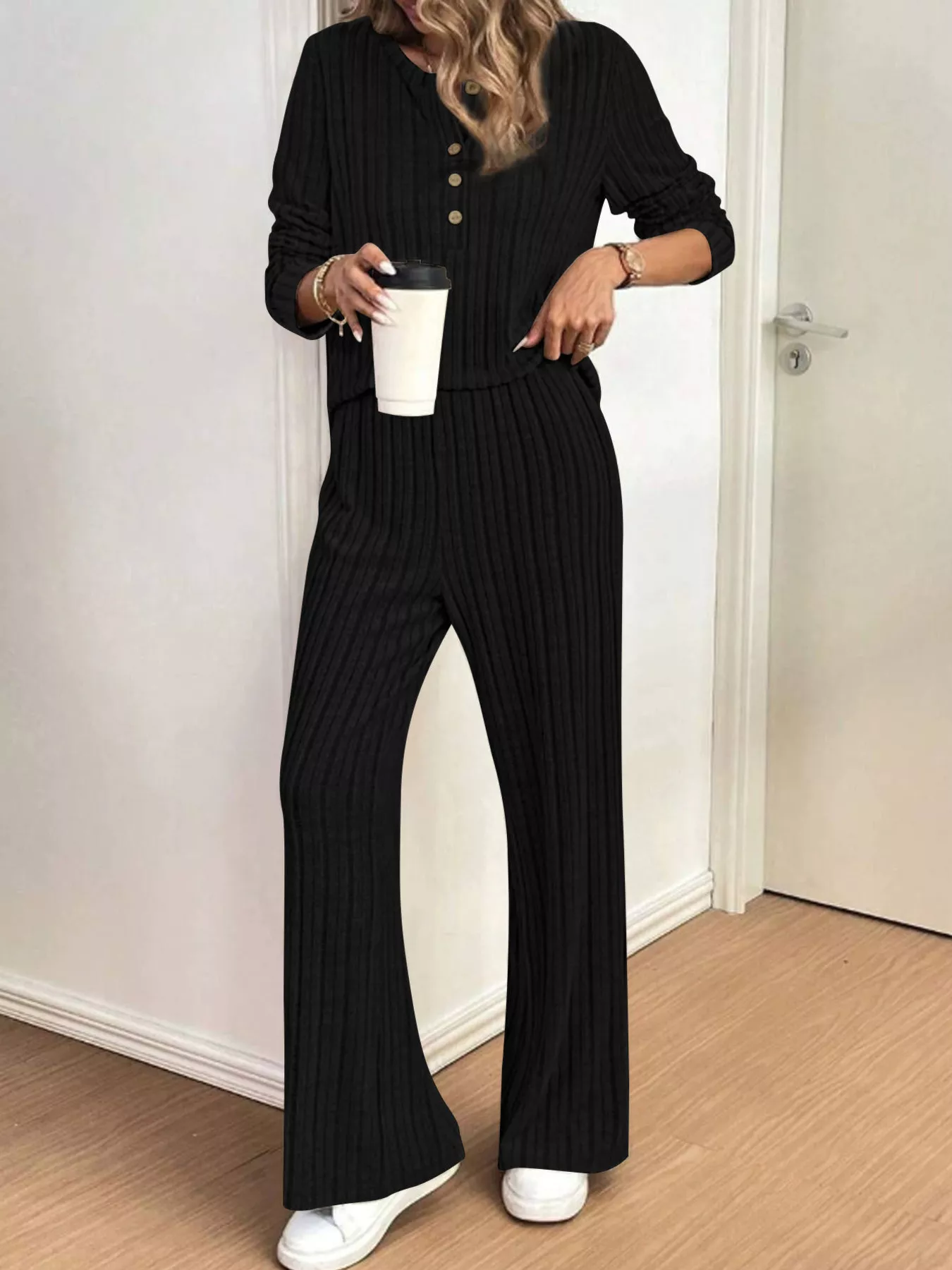 Plus Size Ribbed Knit Button-Front Top and Pants Set - Image 2