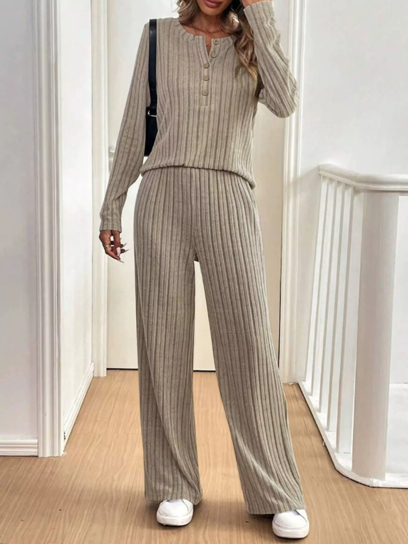 Plus Size Ribbed Knit Button-Front Top and Pants Set - Image 7