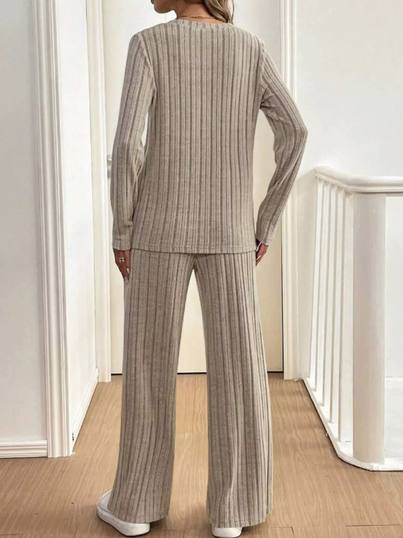 Plus Size Ribbed Knit Button-Front Top and Pants Set - Image 9