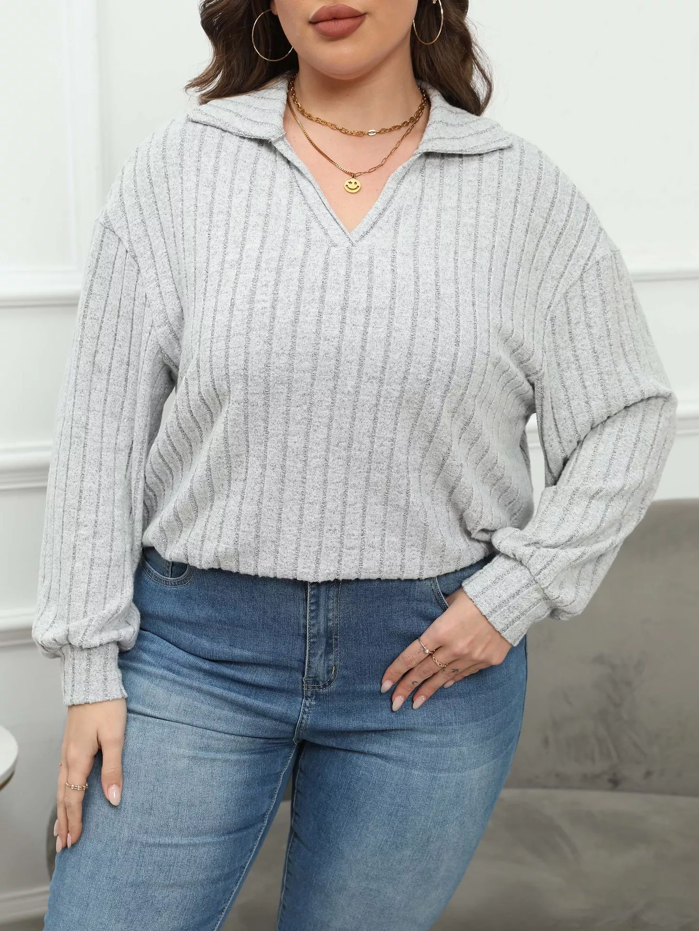 Plus Size Ribbed Knit Polo Collar T-Shirt - Image 2