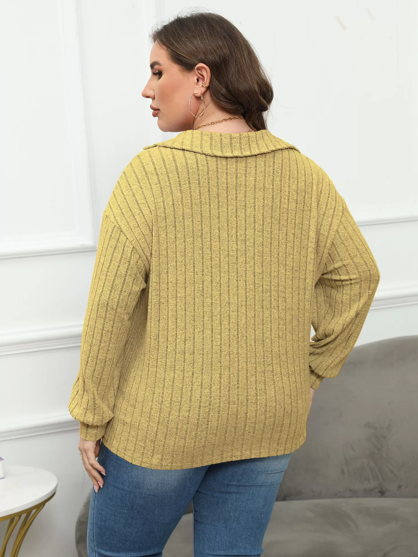 Plus Size Ribbed Knit Polo Collar T-Shirt - Image 20