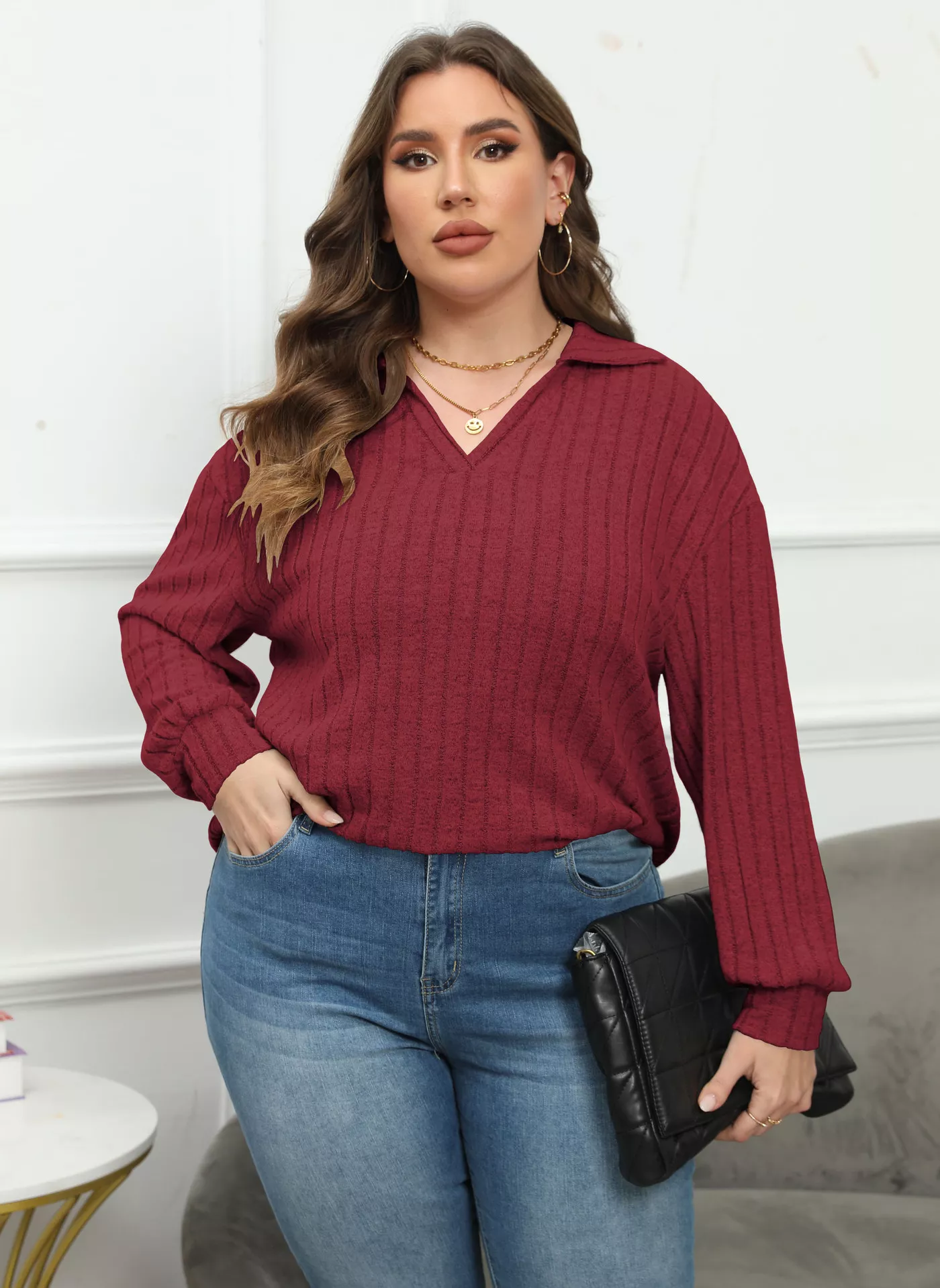 Plus Size Ribbed Knit Polo Collar T-Shirt - Image 21