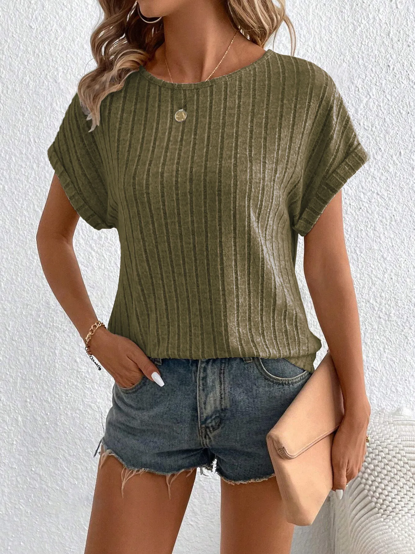 Plus Size Ribbed Texture Short Sleeve T-Shirt - Image 12