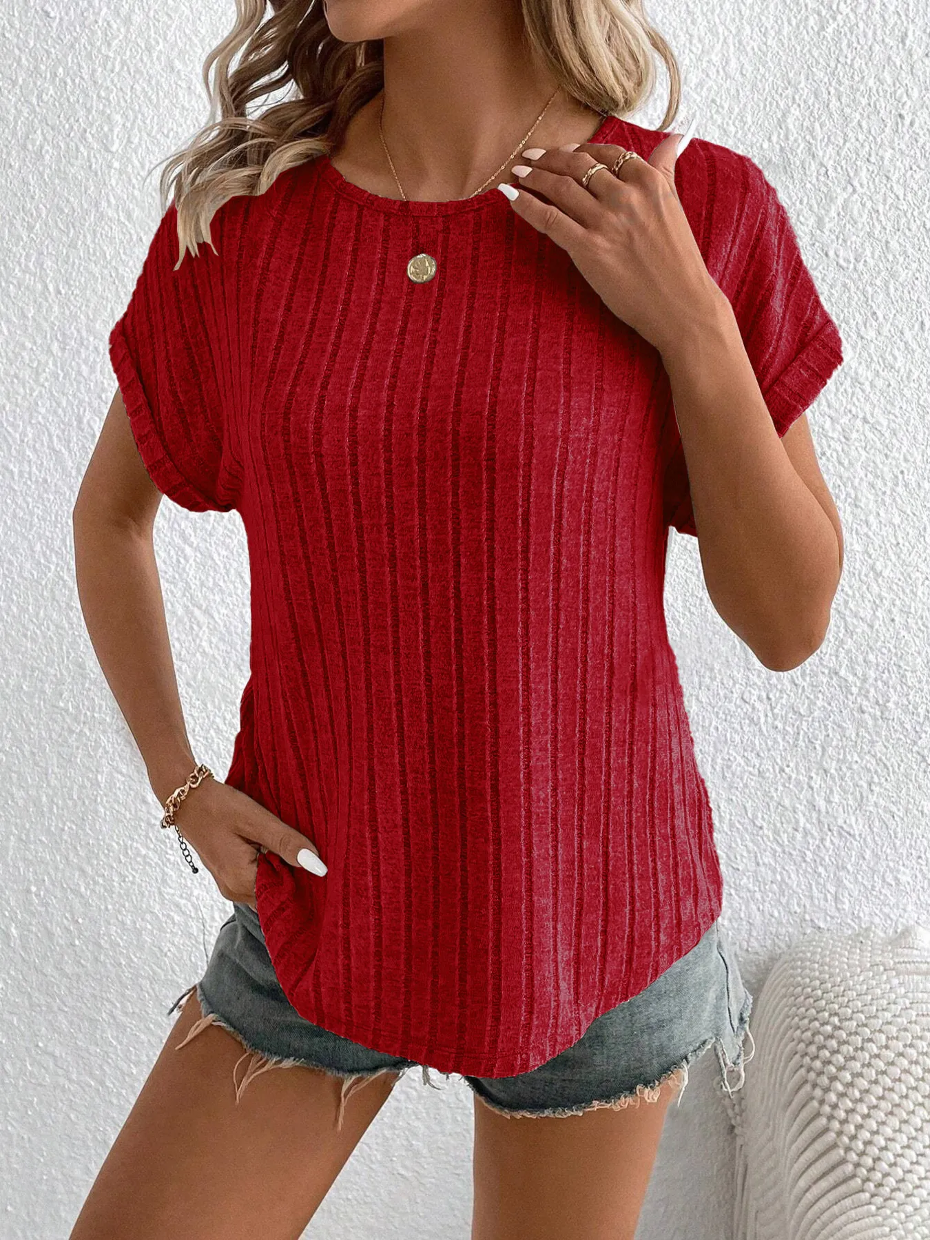 Plus Size Ribbed Texture Short Sleeve T-Shirt - Image 13