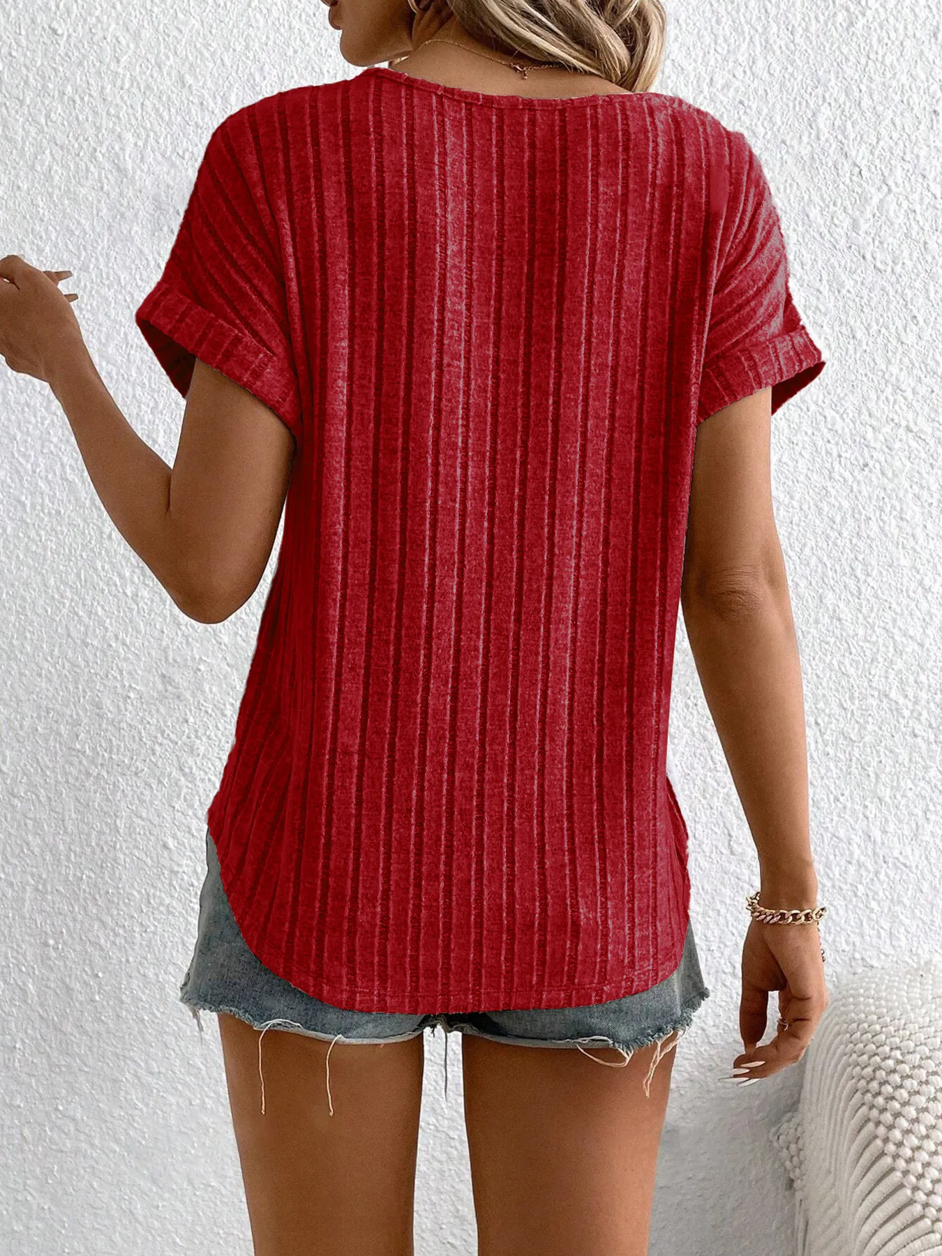 Plus Size Ribbed Texture Short Sleeve T-Shirt - Image 14