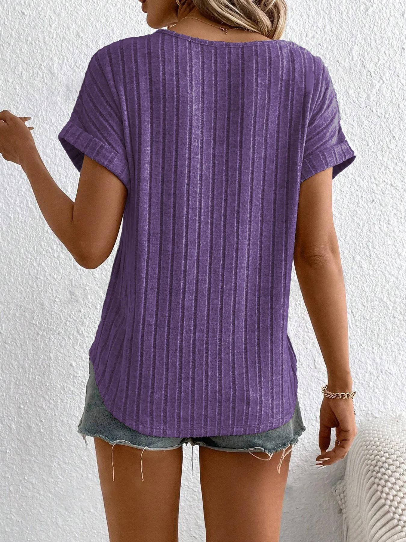 Plus Size Ribbed Texture Short Sleeve T-Shirt - Image 5