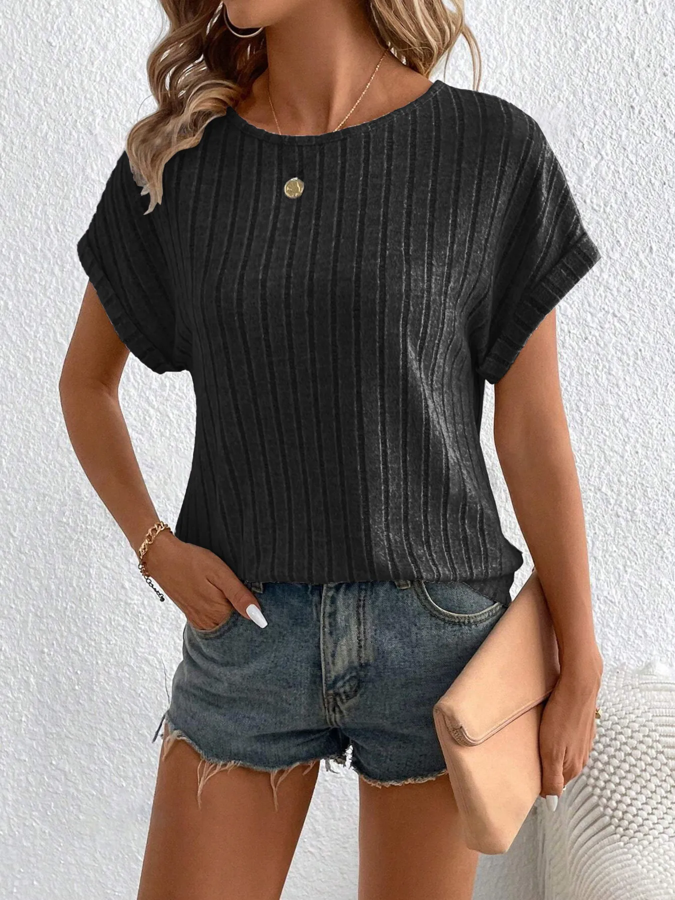 Plus Size Ribbed Texture Short Sleeve T-Shirt - Image 9