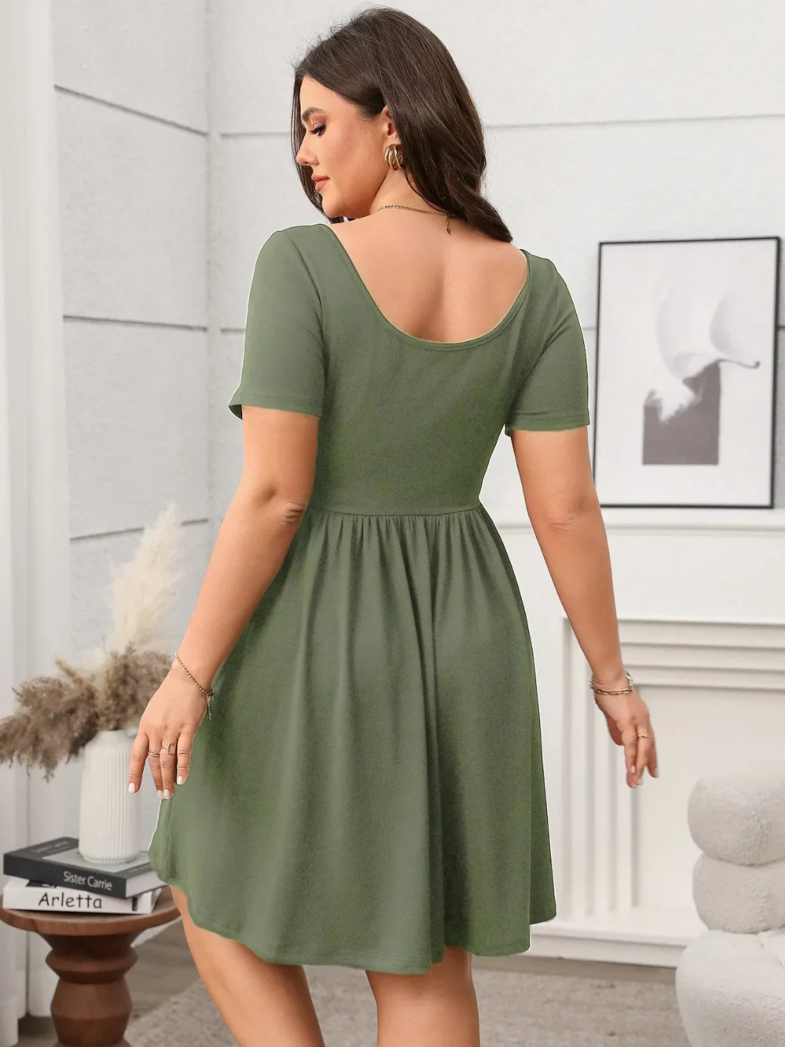 Plus Size Square Neck Short Sleeve Mini Dress - Image 2