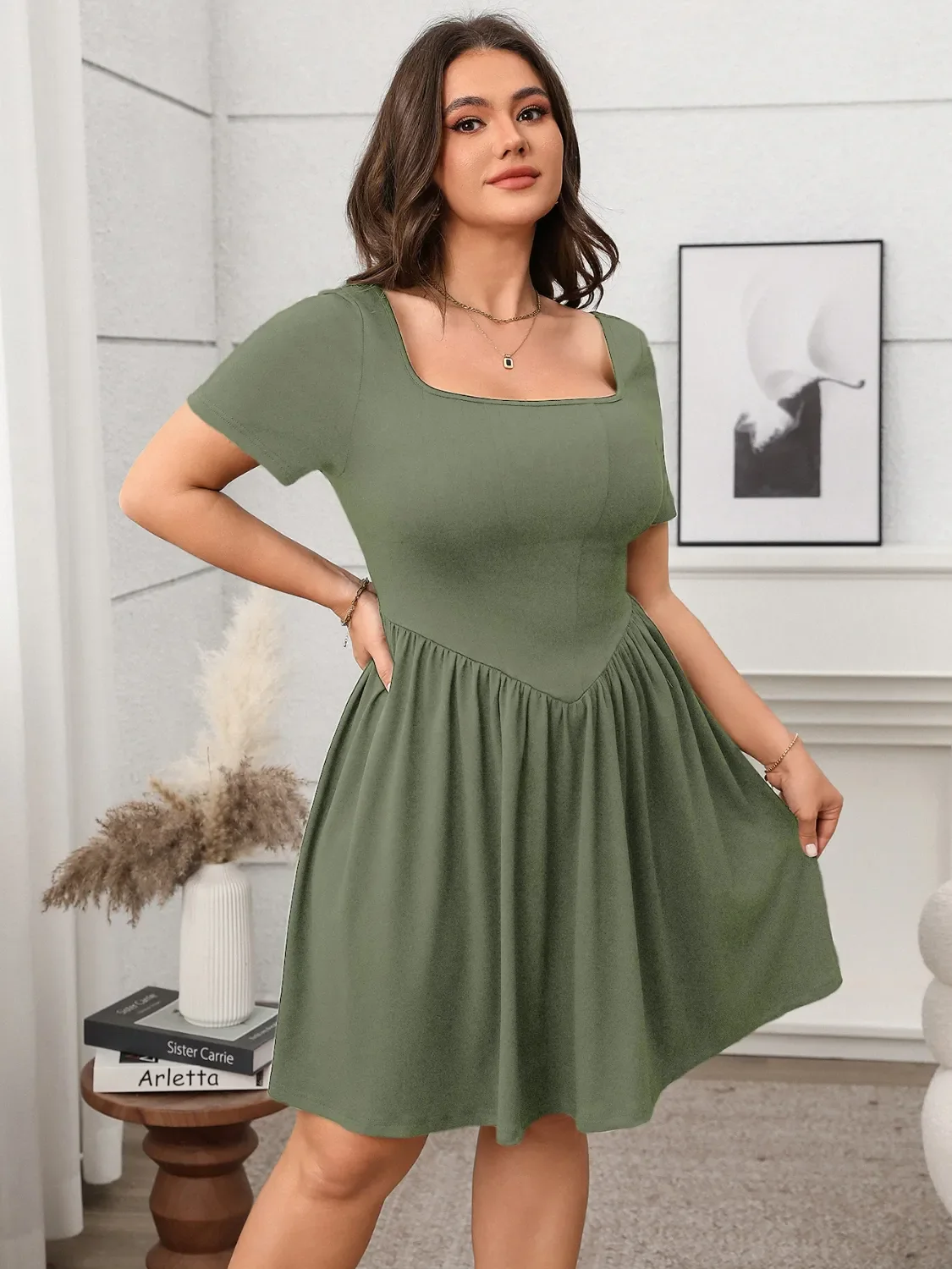 Plus Size Square Neck Short Sleeve Mini Dress - Image 3