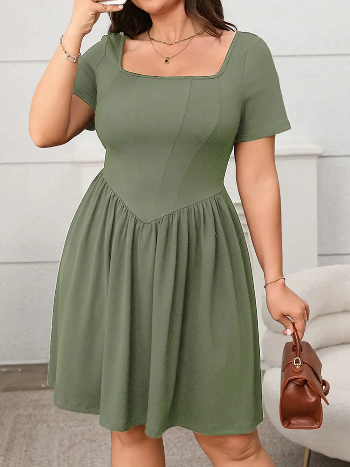 Plus Size Square Neck Short Sleeve Mini Dress - Image 6
