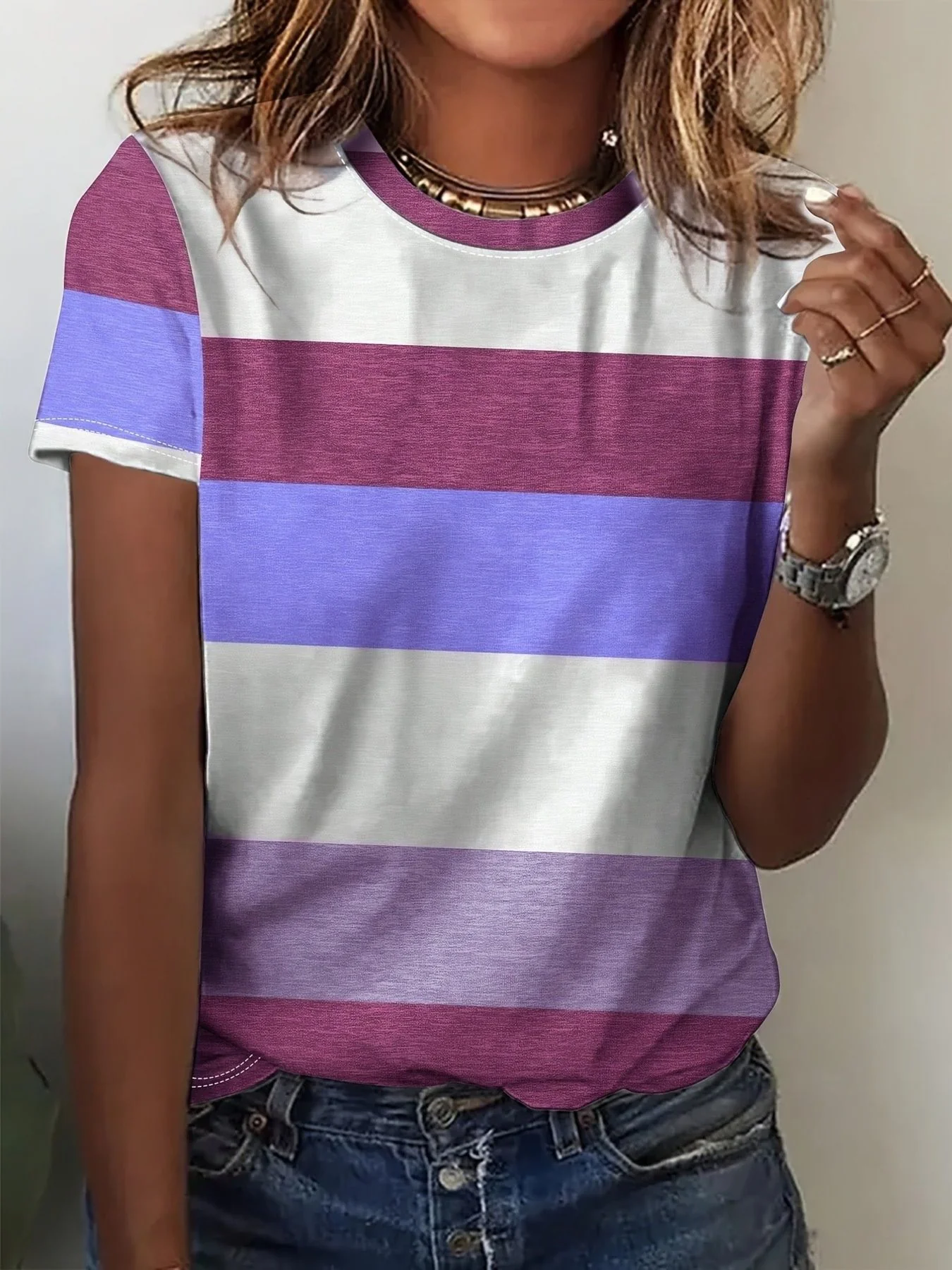 Plus Size Striped Casual Round Neck T-Shirt - Image 7