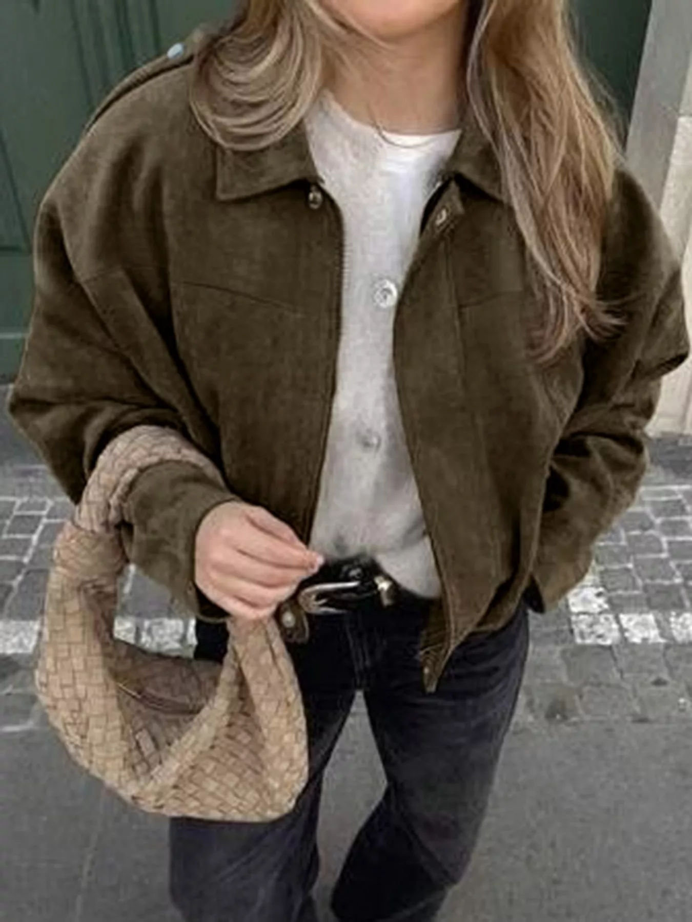 Plus Size Suede Cropped Bomber Jacket - Image 2
