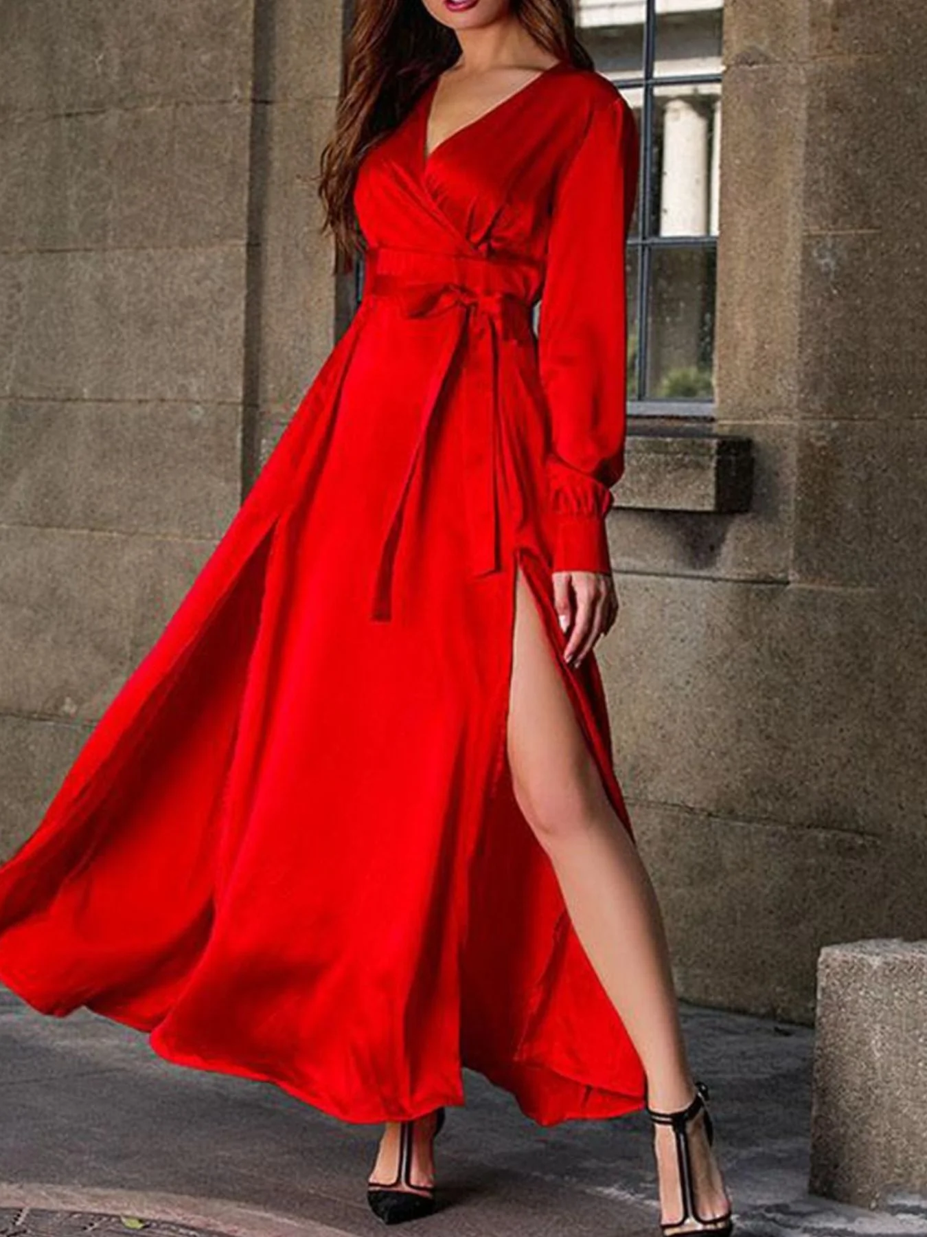 Plus Size Surplice Long Sleeve Slit Maxi Dress - Image 5