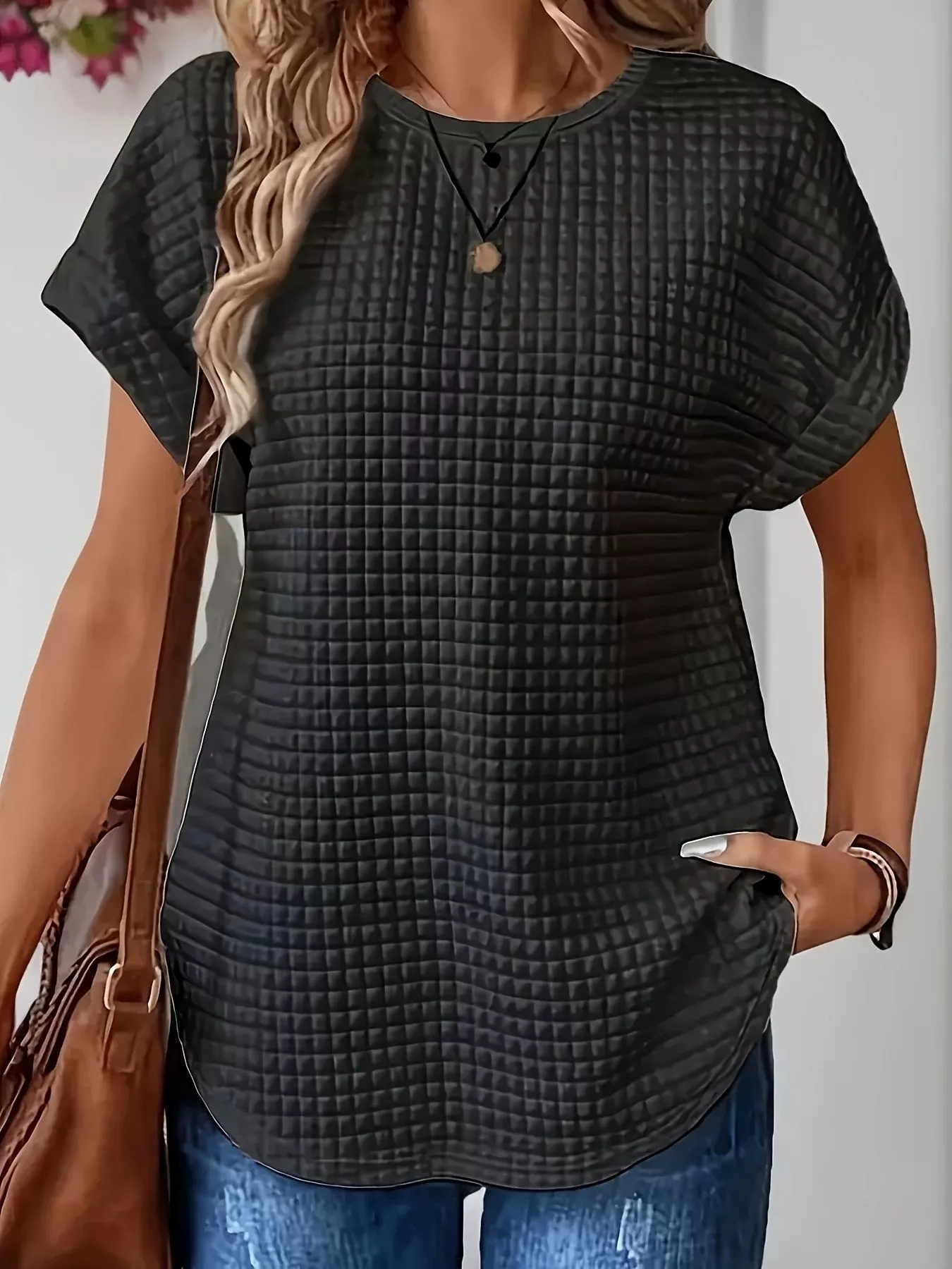Plus Size Textured Round Neck Short Sleeve Top - Image 6