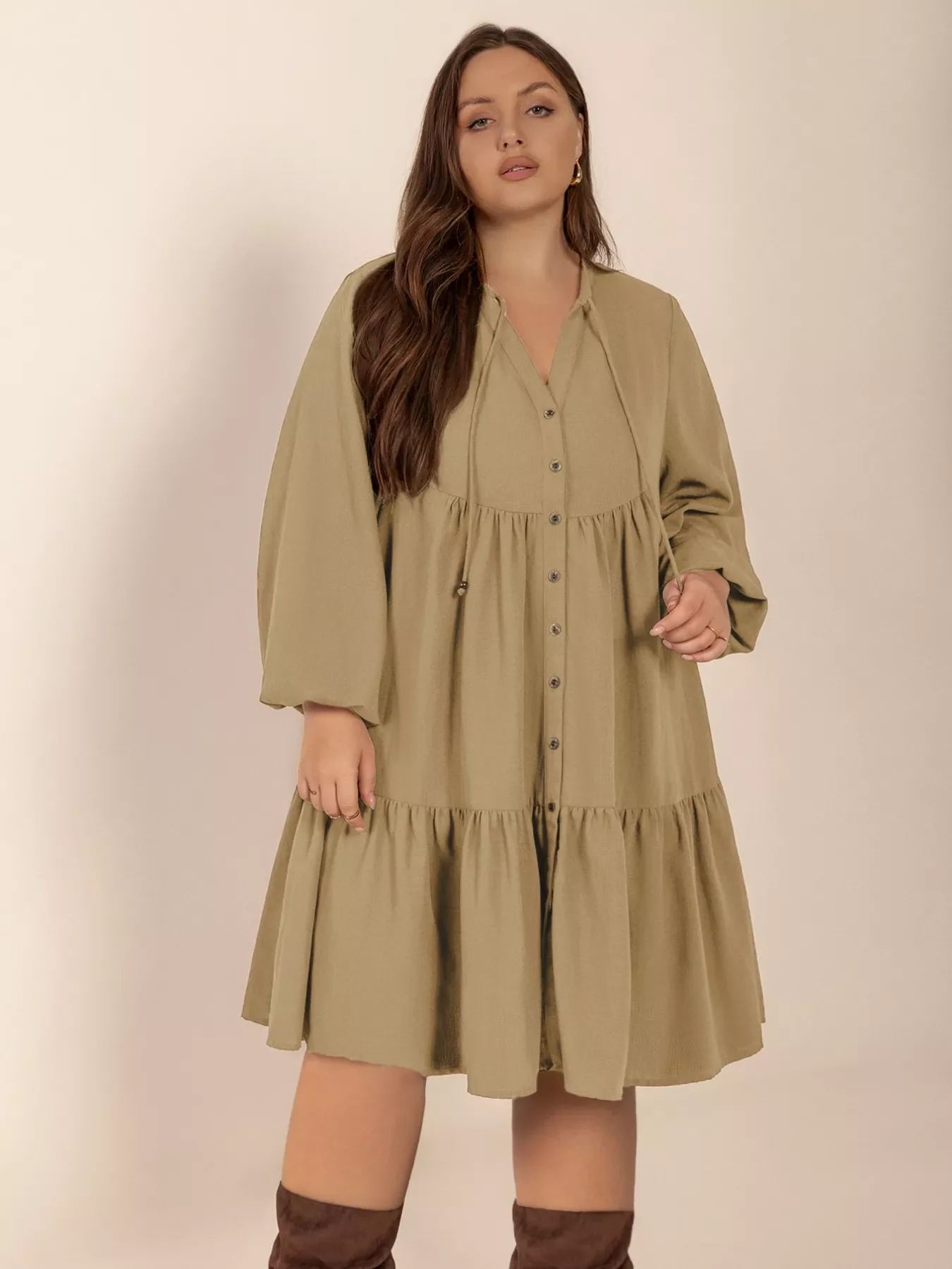 Plus Size Tie Neck Balloon Sleeve Dress - Image 3