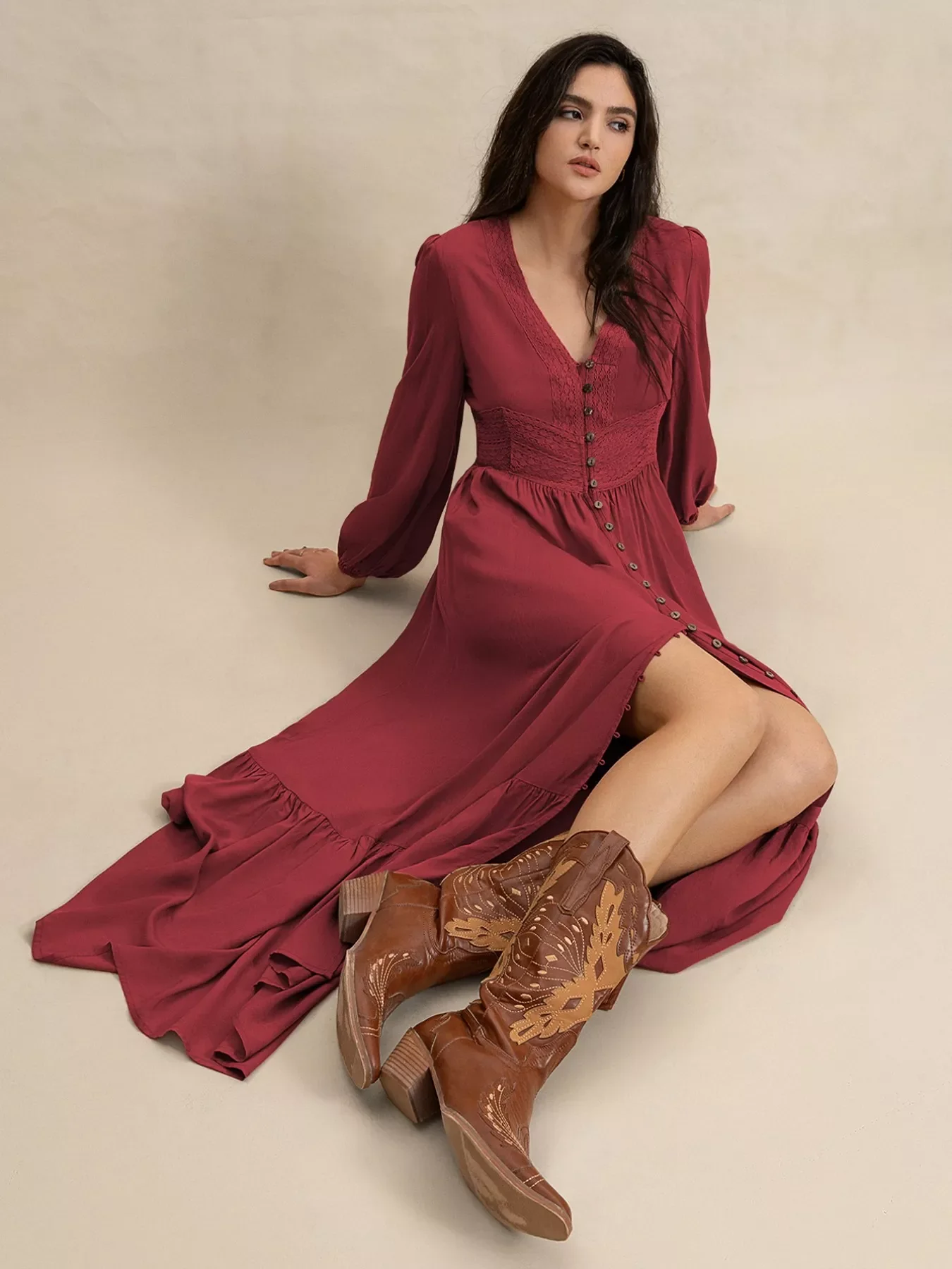 Plus Size V-Neck Balloon Sleeve Maxi Dress - Image 6
