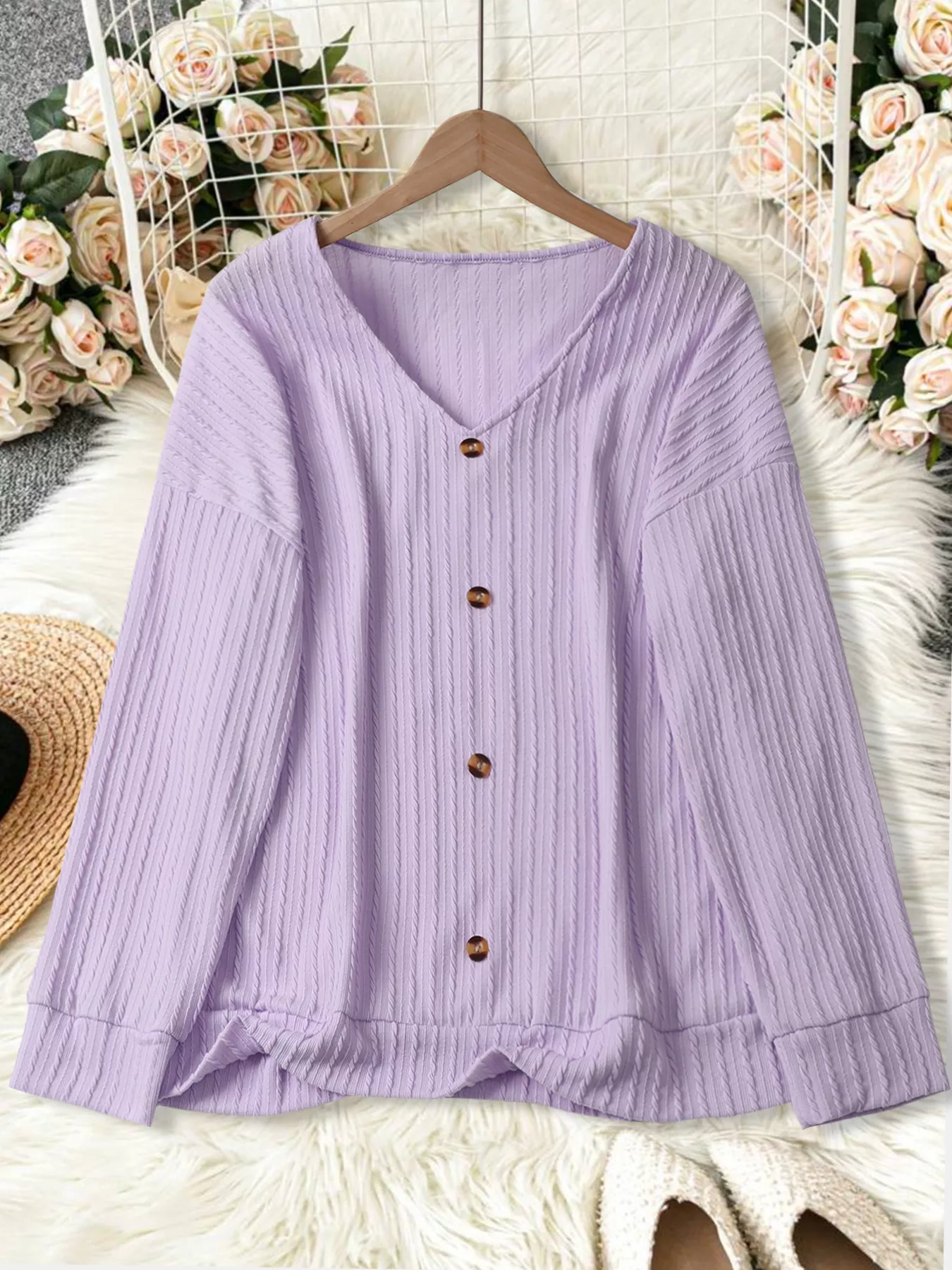 Plus Size V-Neck Dropped Shoulder Blouse - Image 23