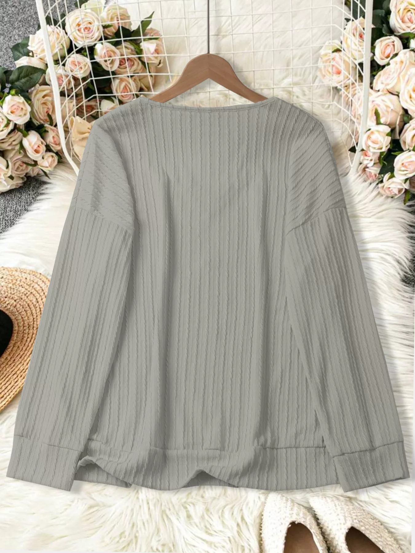 Plus Size V-Neck Dropped Shoulder Blouse - Image 31