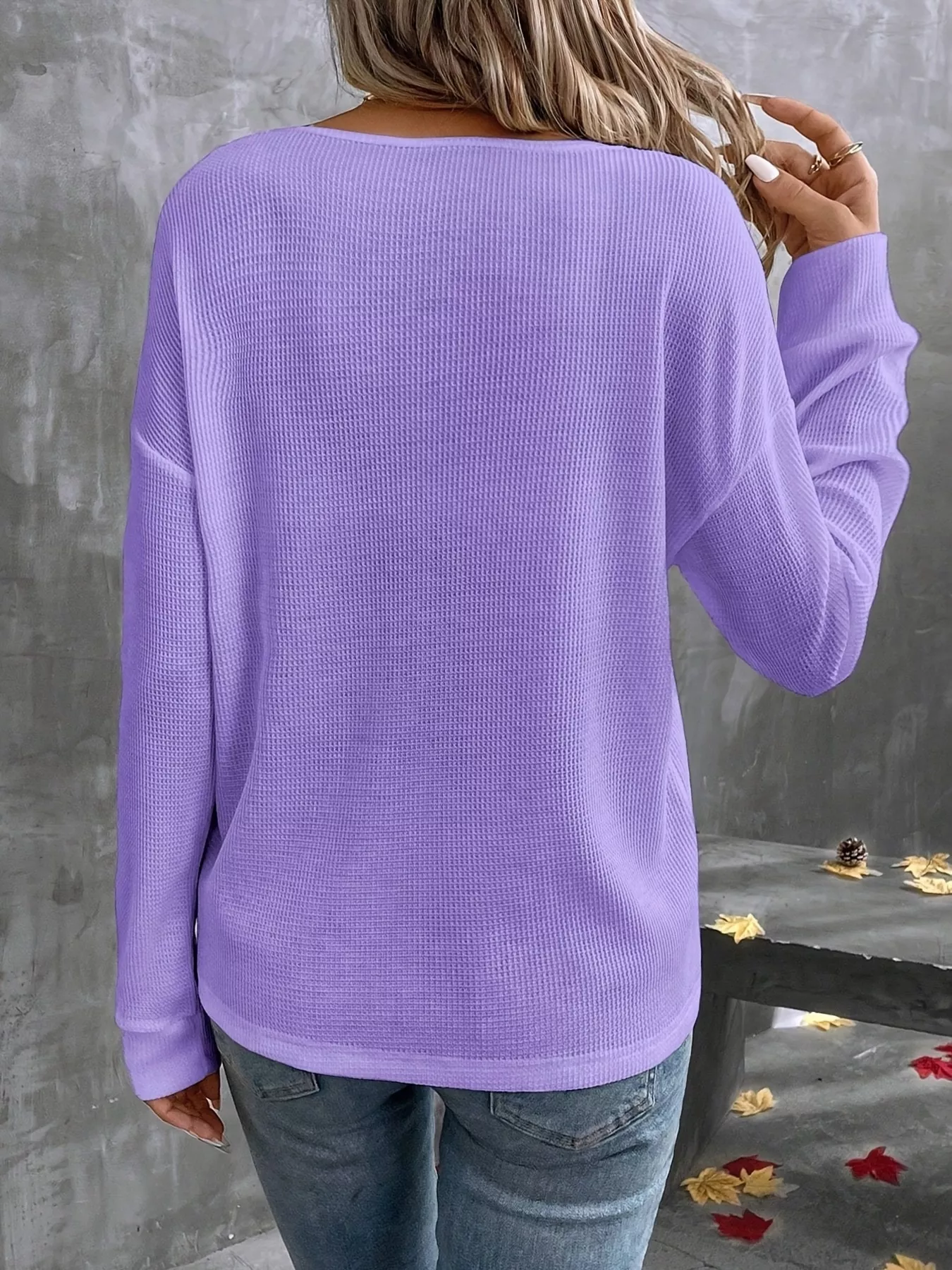 Plus Size V-Neck Long Sleeve Waffle Knit T-Shirt - Image 17