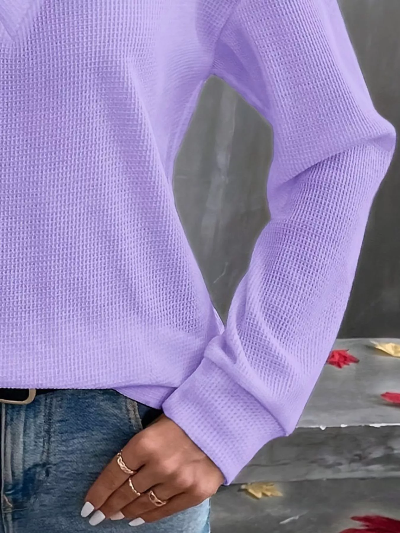 Plus Size V-Neck Long Sleeve Waffle Knit T-Shirt - Image 18