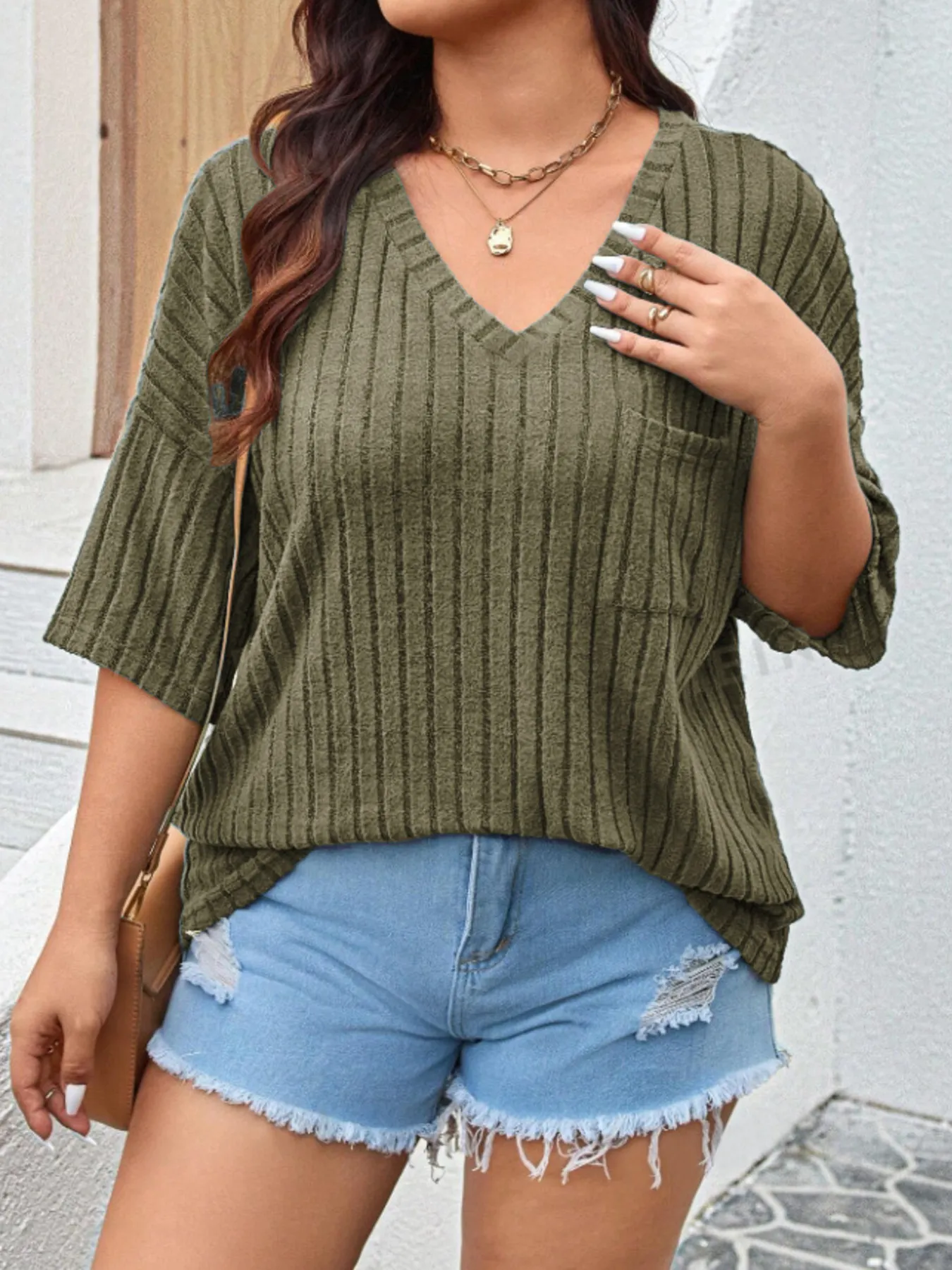 Plus Size V-Neck Ribbed Knit T-Shirt - Image 7