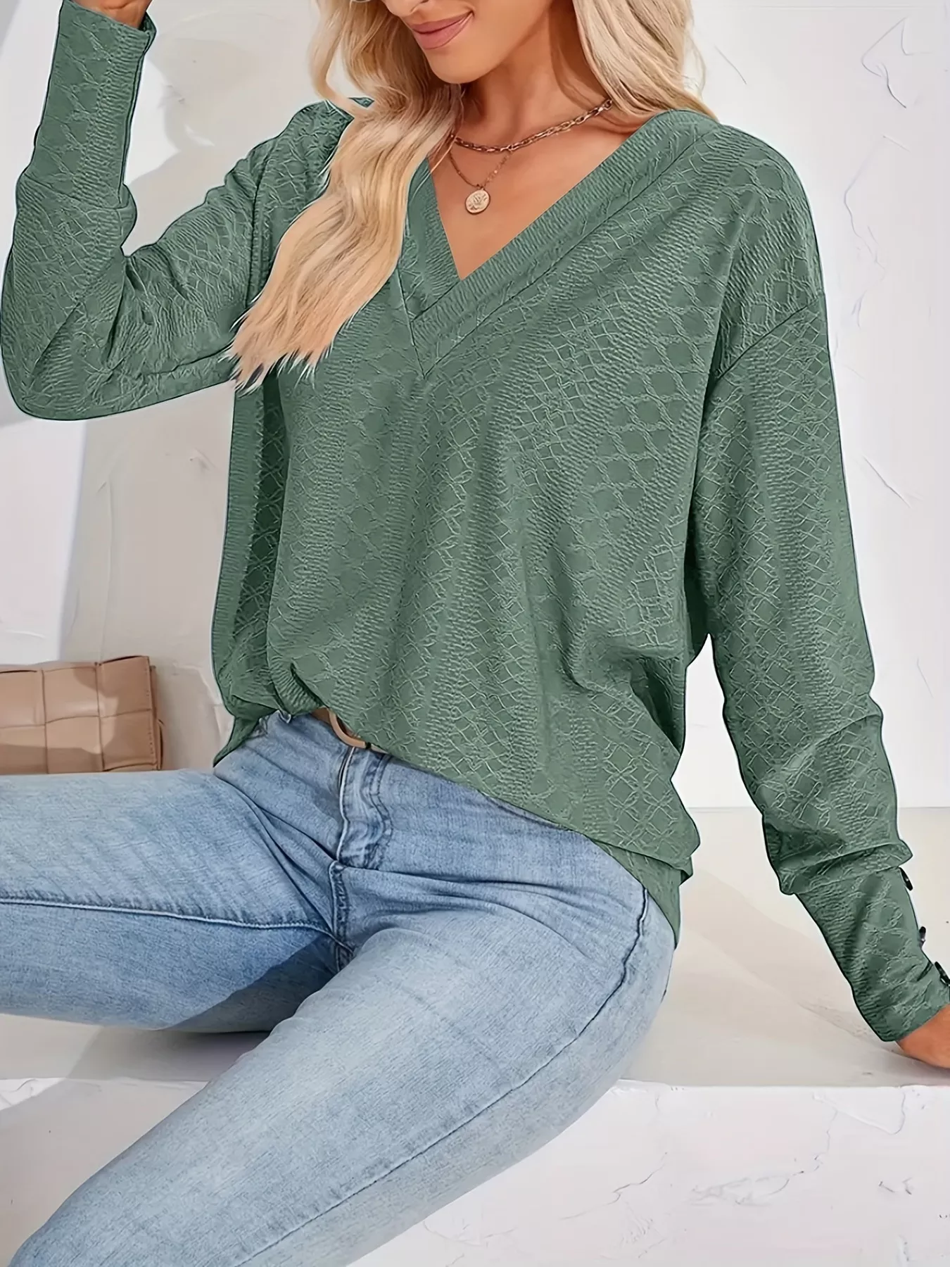Plus Size V-Neck Textured Long Sleeve T-Shirt - Image 12