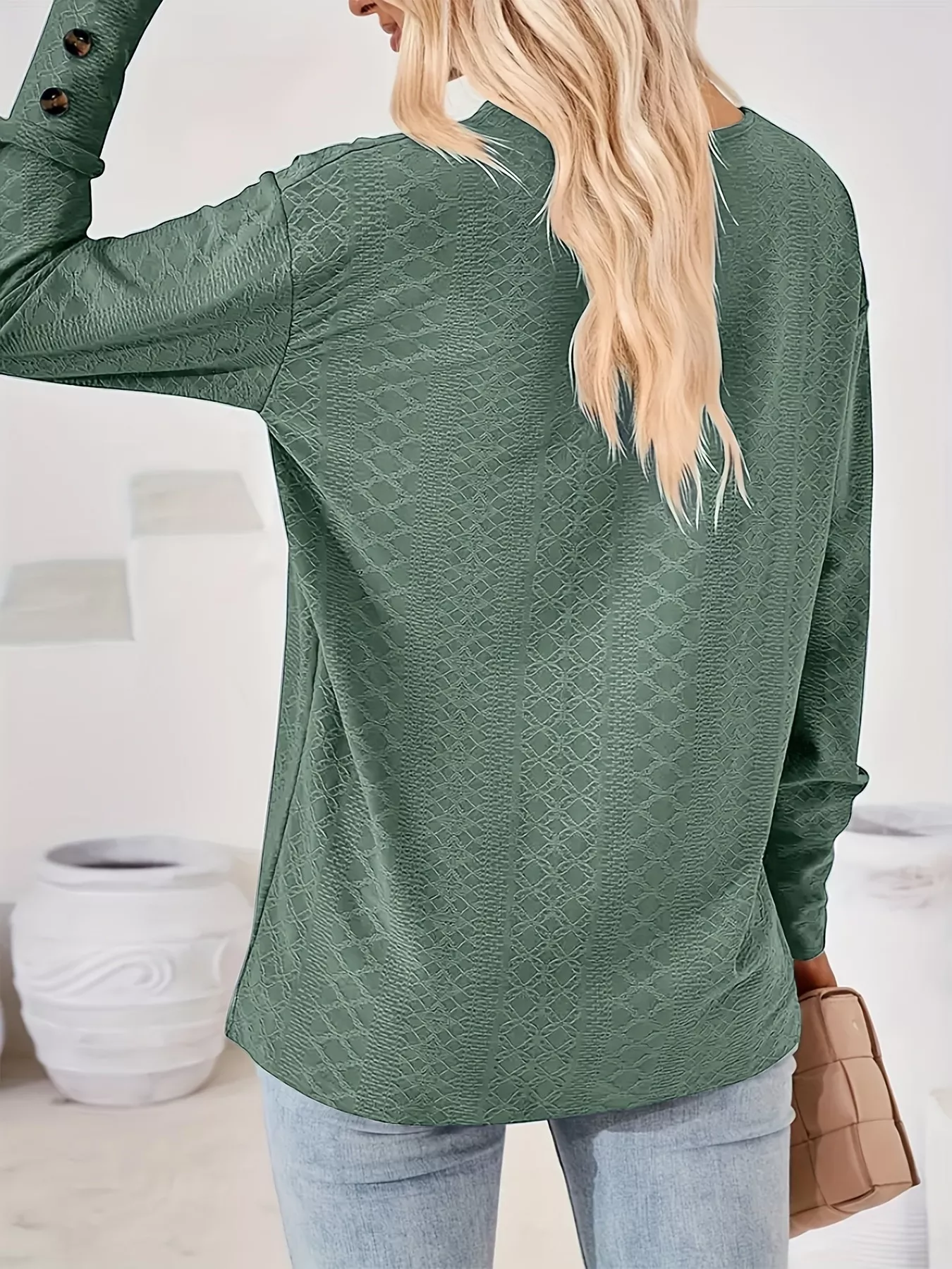 Plus Size V-Neck Textured Long Sleeve T-Shirt - Image 13