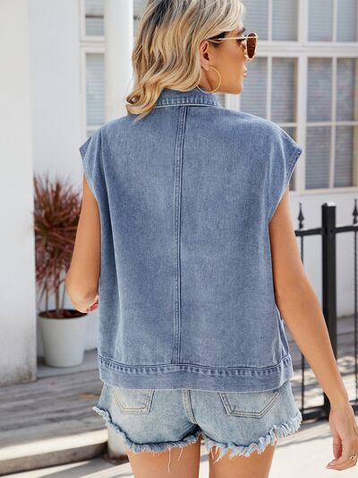 Pocketed Button Up Sleeveless Denim Jacket - Image 2