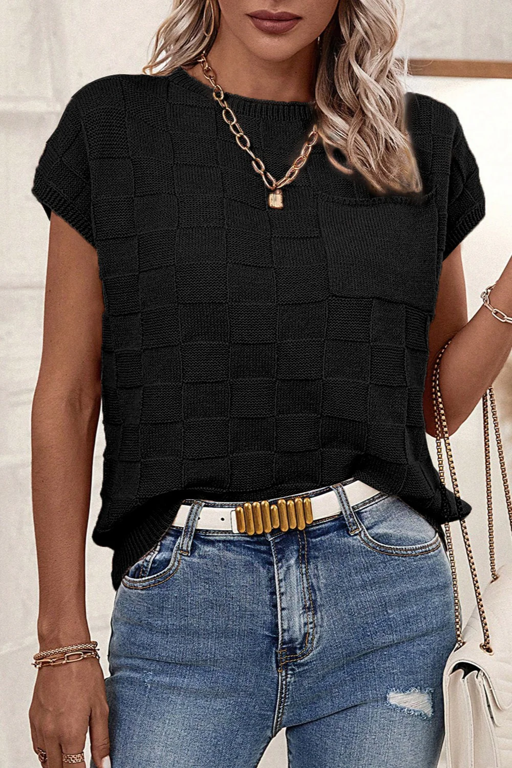 Pocketed Checkered Round Neck Knit Top - Image 15