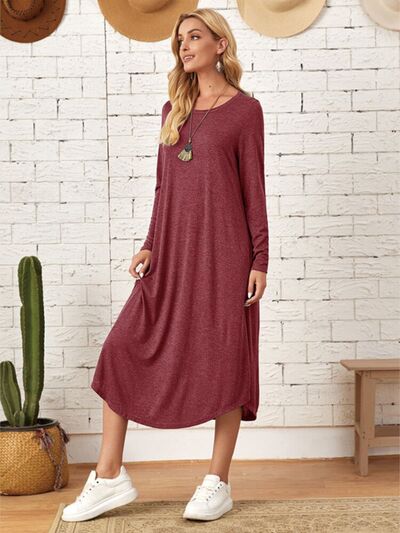 Pocketed Round Neck Long Sleeve Tee Dress - Image 2