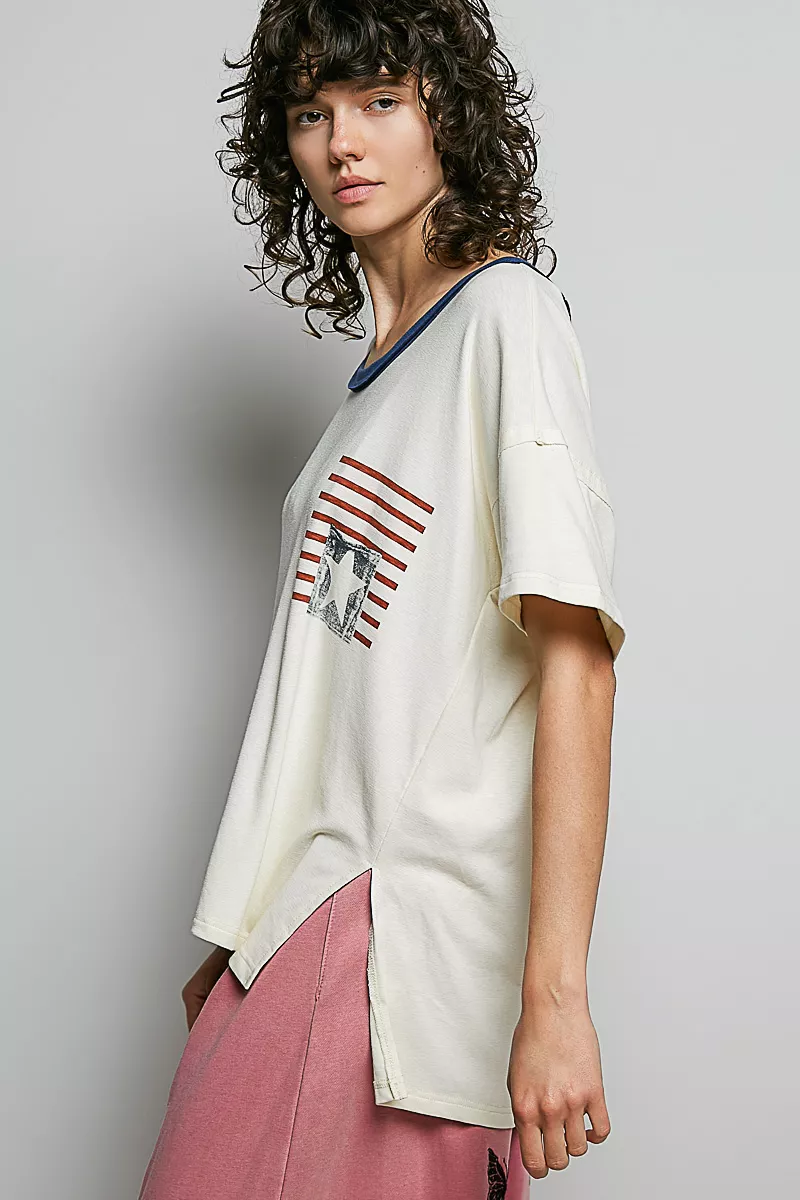 POL American Flag Color Block Side Slit Cotton Top - Image 2