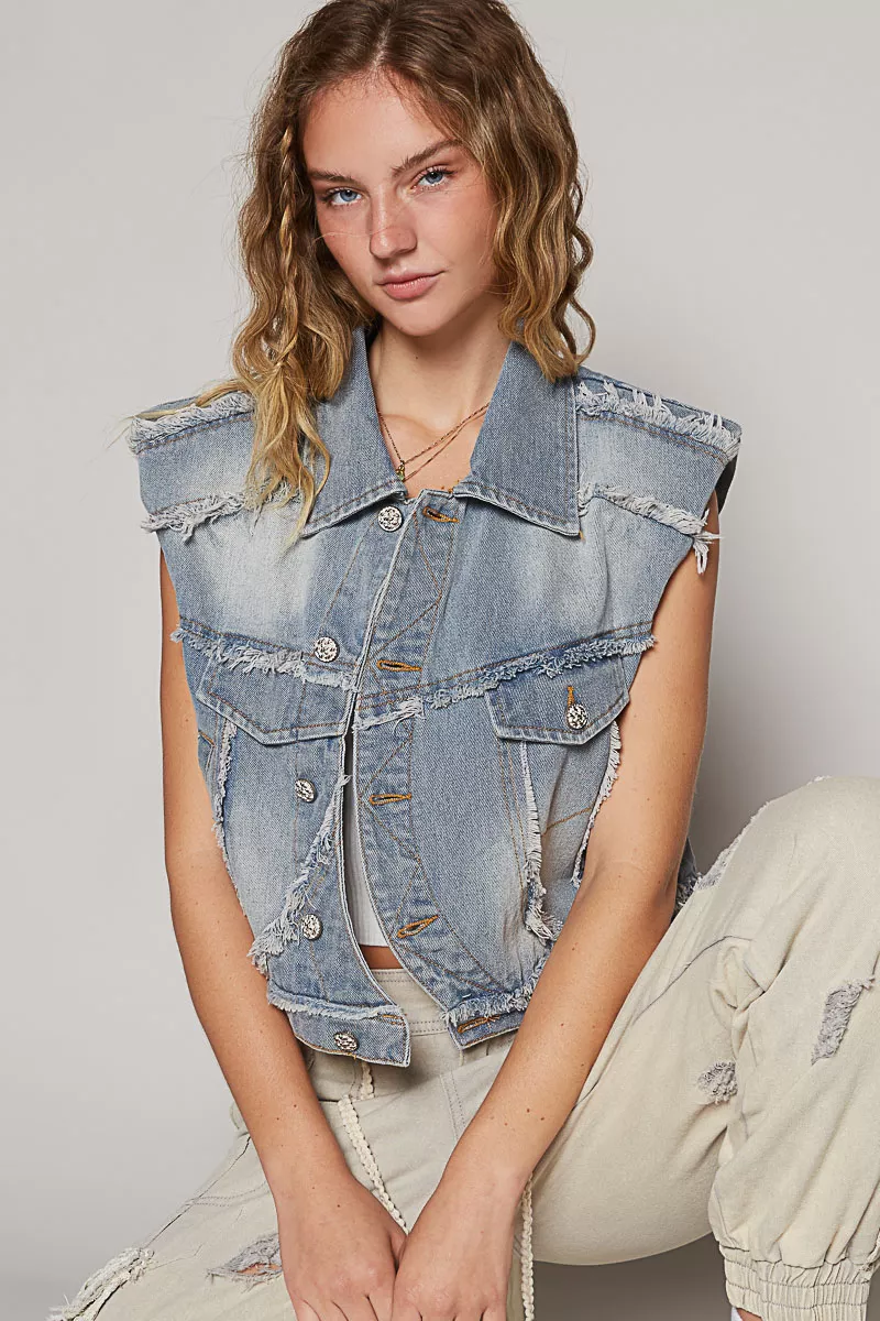POL Assymetrical Front Closure Raw Hem Denim Vest - Image 4