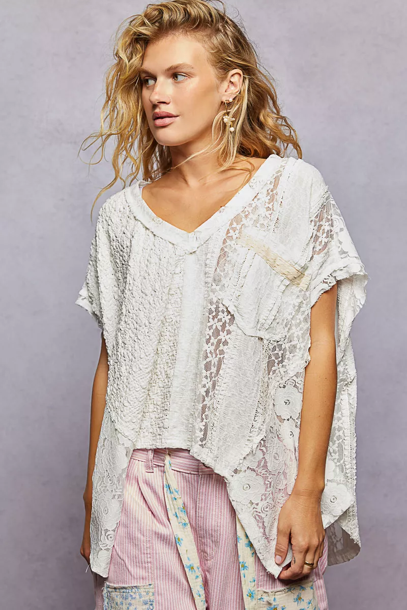 POL Asymmetrical V-Neck Short Sleeve Lace Top - Image 3